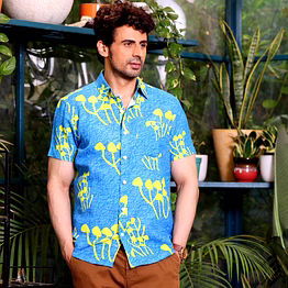 mushroom bunch ocean blue casual pure linen half shirt