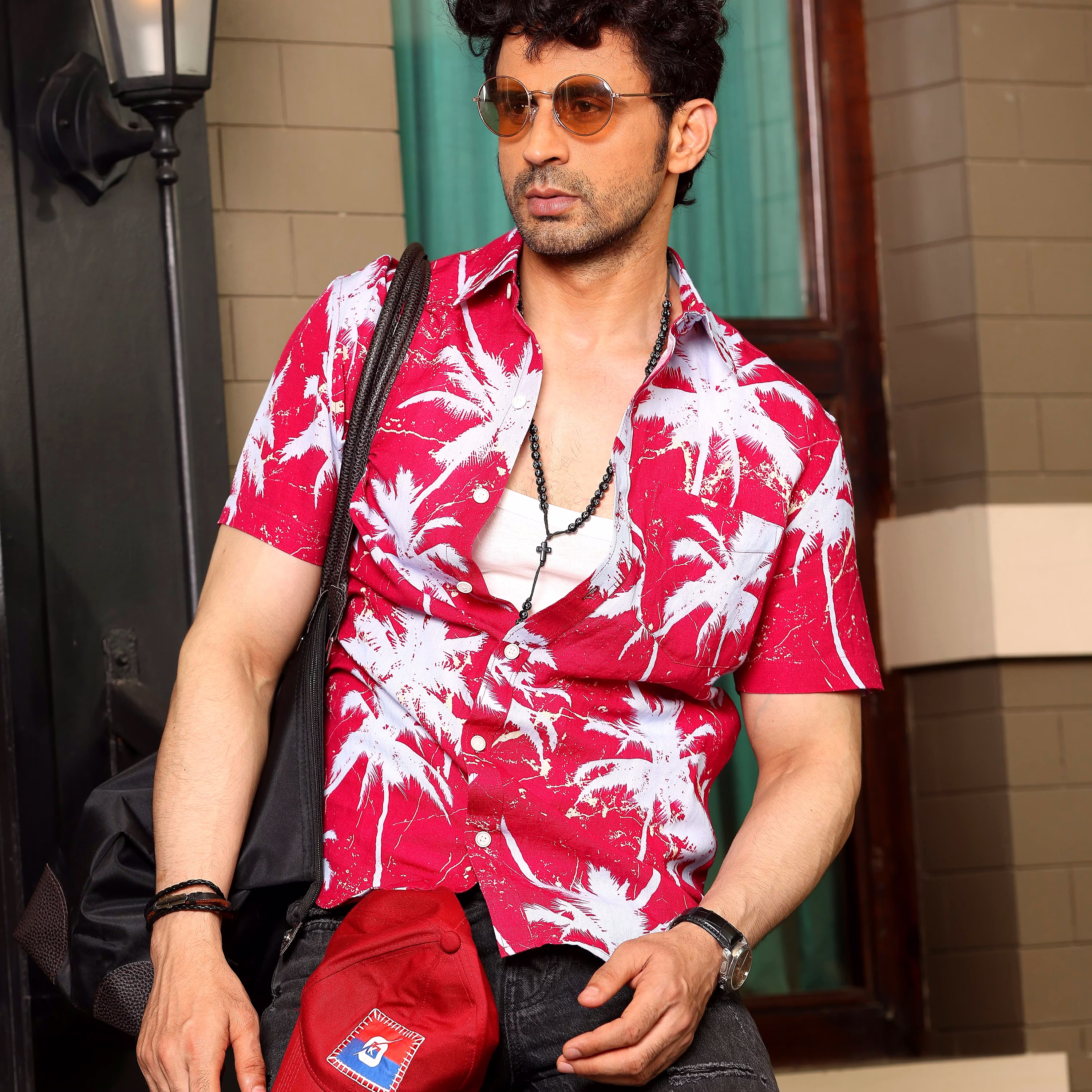 Trendy Men Coconut Tree Carmine Red Casual Pure Linen Half Shirt (Size - S) by BLUE EAGLE 2025 a