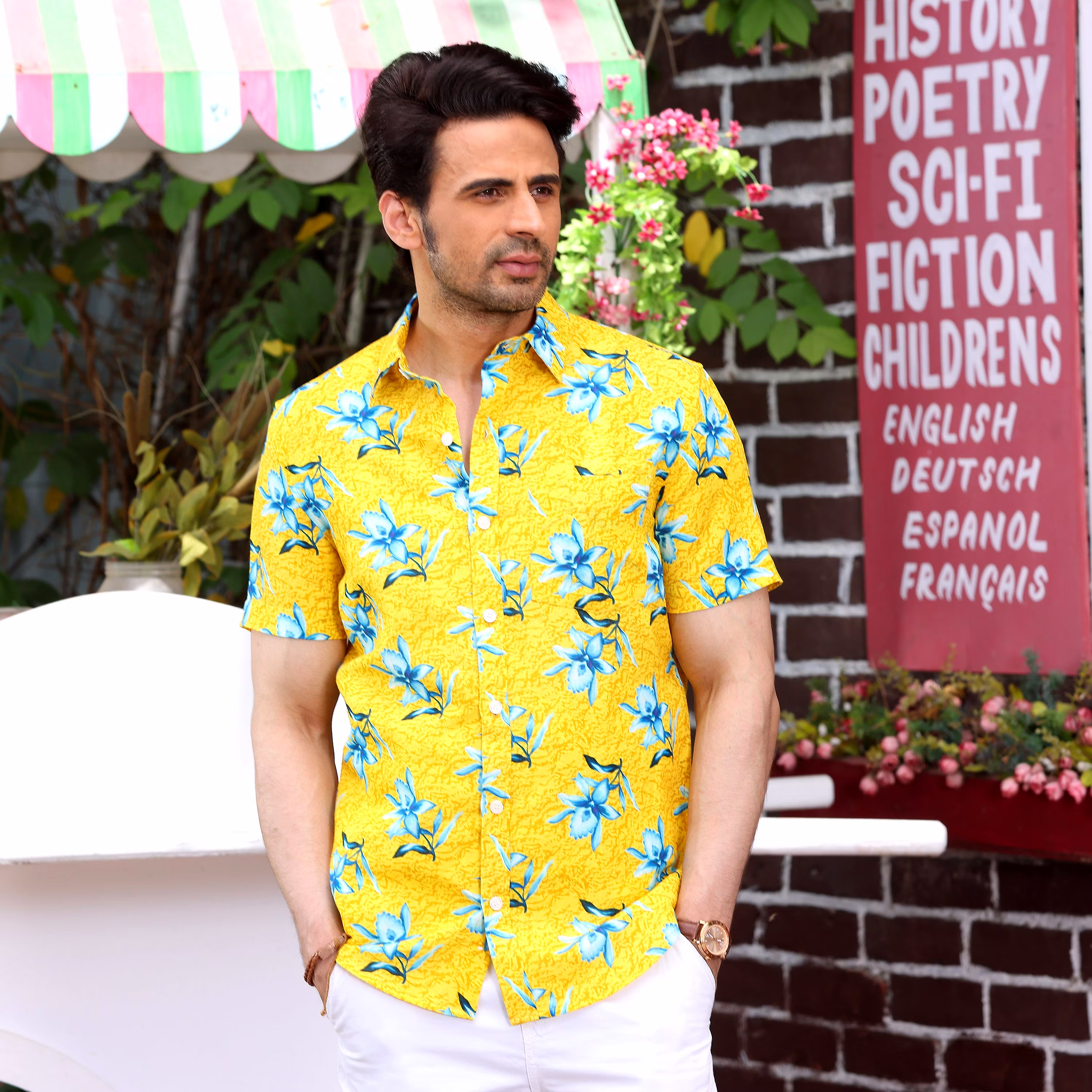 Modern Men Aztec Lily Light Goldenrod Yellow Casual Pure Linen Half Shirt (Size - S) by BLUE EAG
