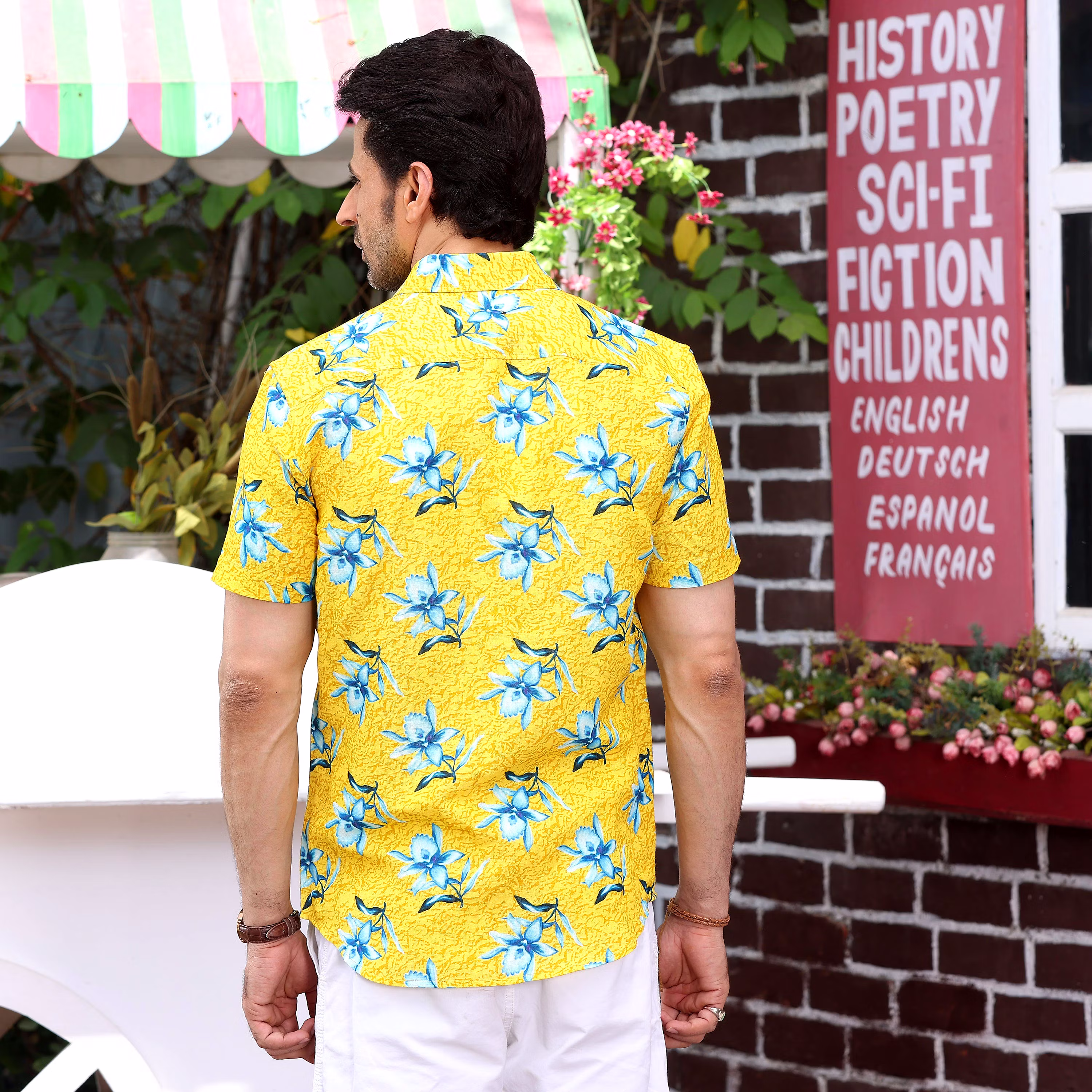 Modern Men Aztec Lily Light Goldenrod Yellow Casual Pure Linen Half Shirt (Size - S) by BLUE EAG