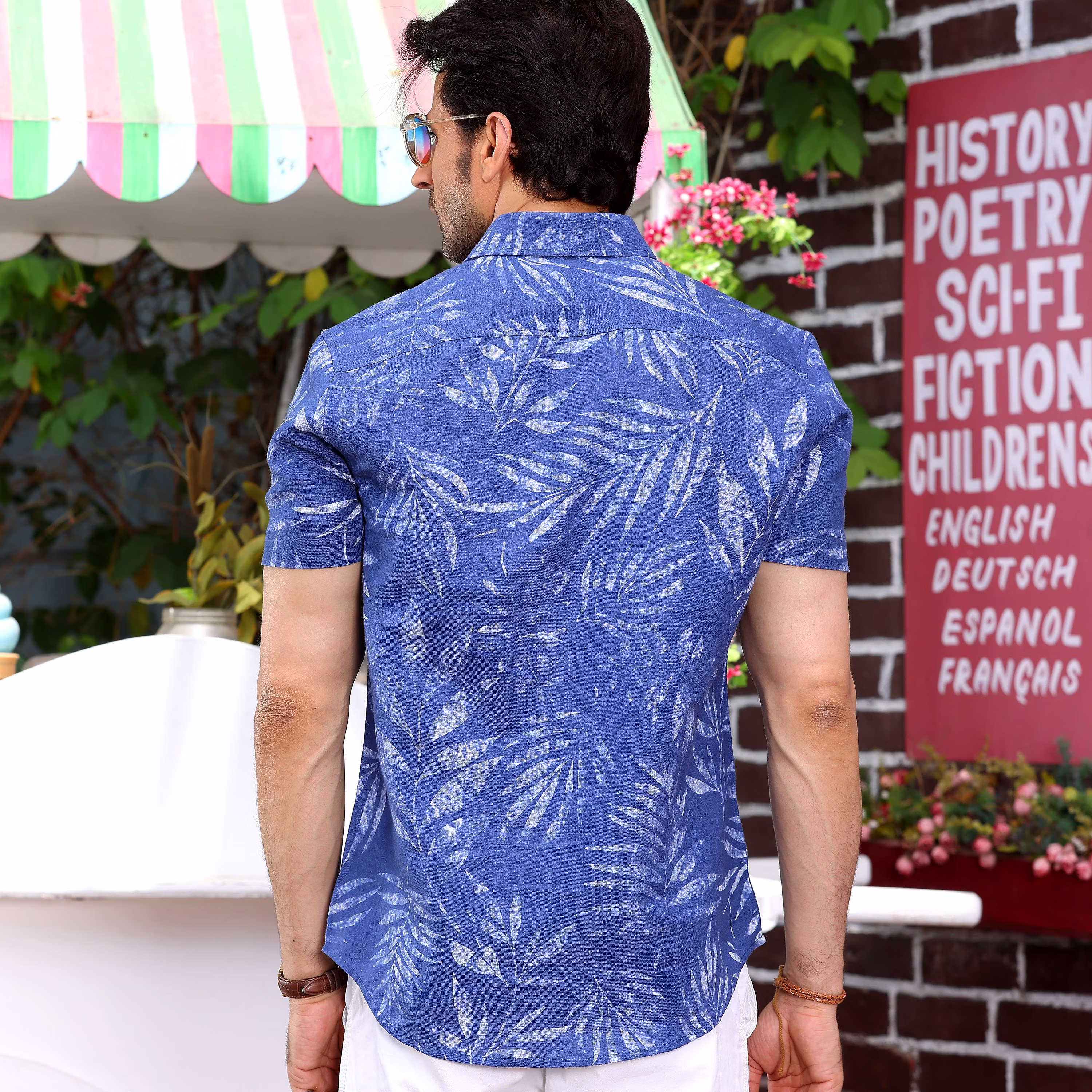 Elegant Men Tropical Leaves Cobalt Blue Casual Pure Linen Half Shirt (Size - S) by BLUE EAGLE 20