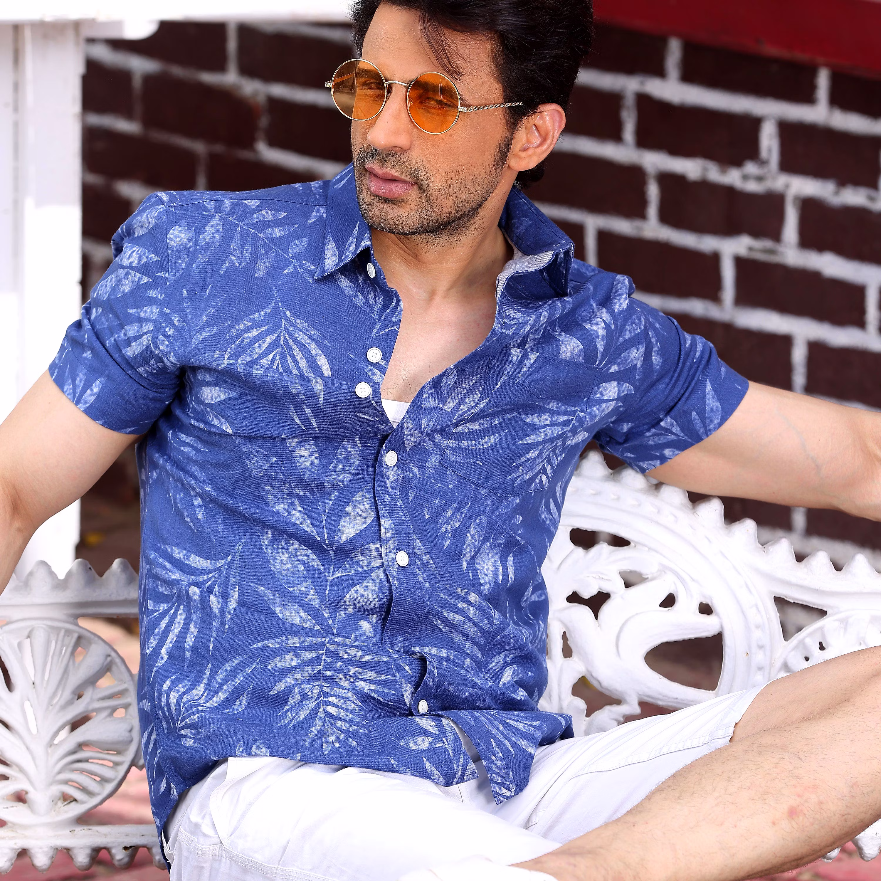 Elegant Men Tropical Leaves Cobalt Blue Casual Pure Linen Half Shirt (Size - S) by BLUE EAGLE 20