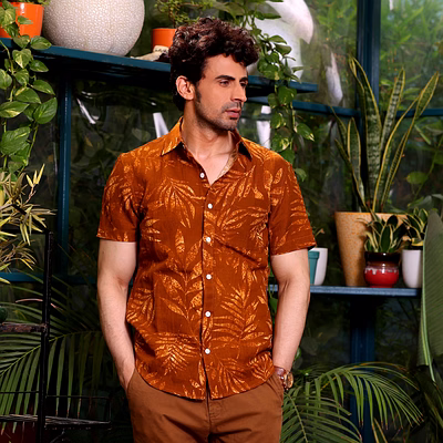 tropical leaves brown base casual pure linen half shirt