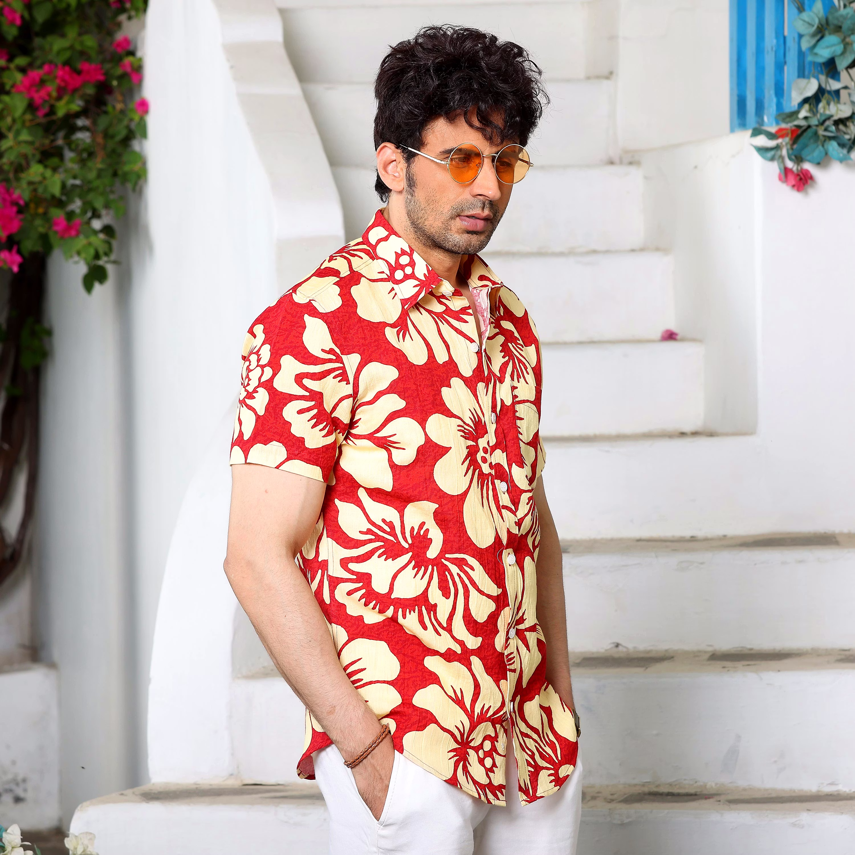 New Men Hibiscus Print Red Causal Pure Linen Half Shirt (Size - S) by BLUE EAGLE 2025 at ShopCir