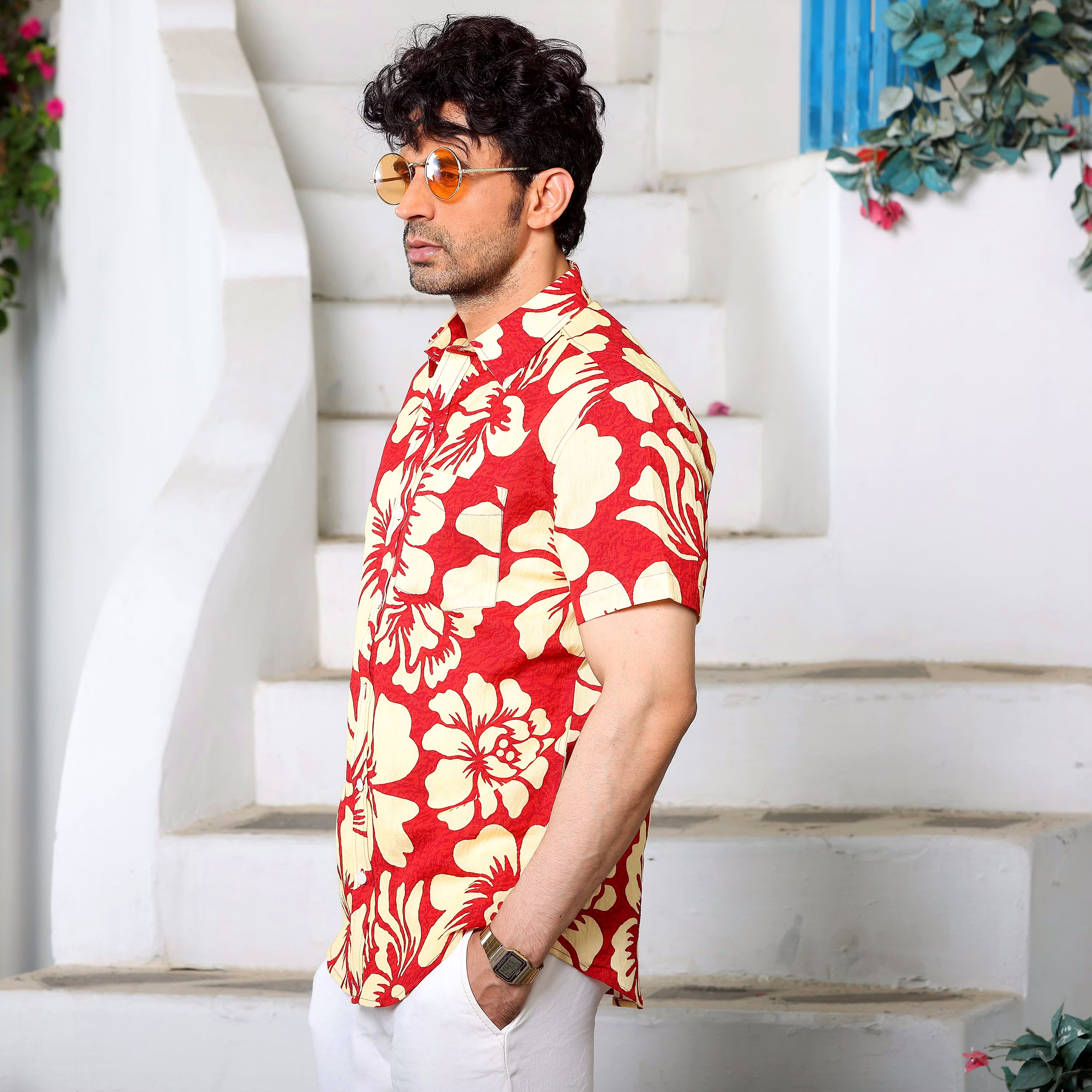 New Men Hibiscus Print Red Causal Pure Linen Half Shirt (Size - S) by BLUE EAGLE 2025 at ShopCir