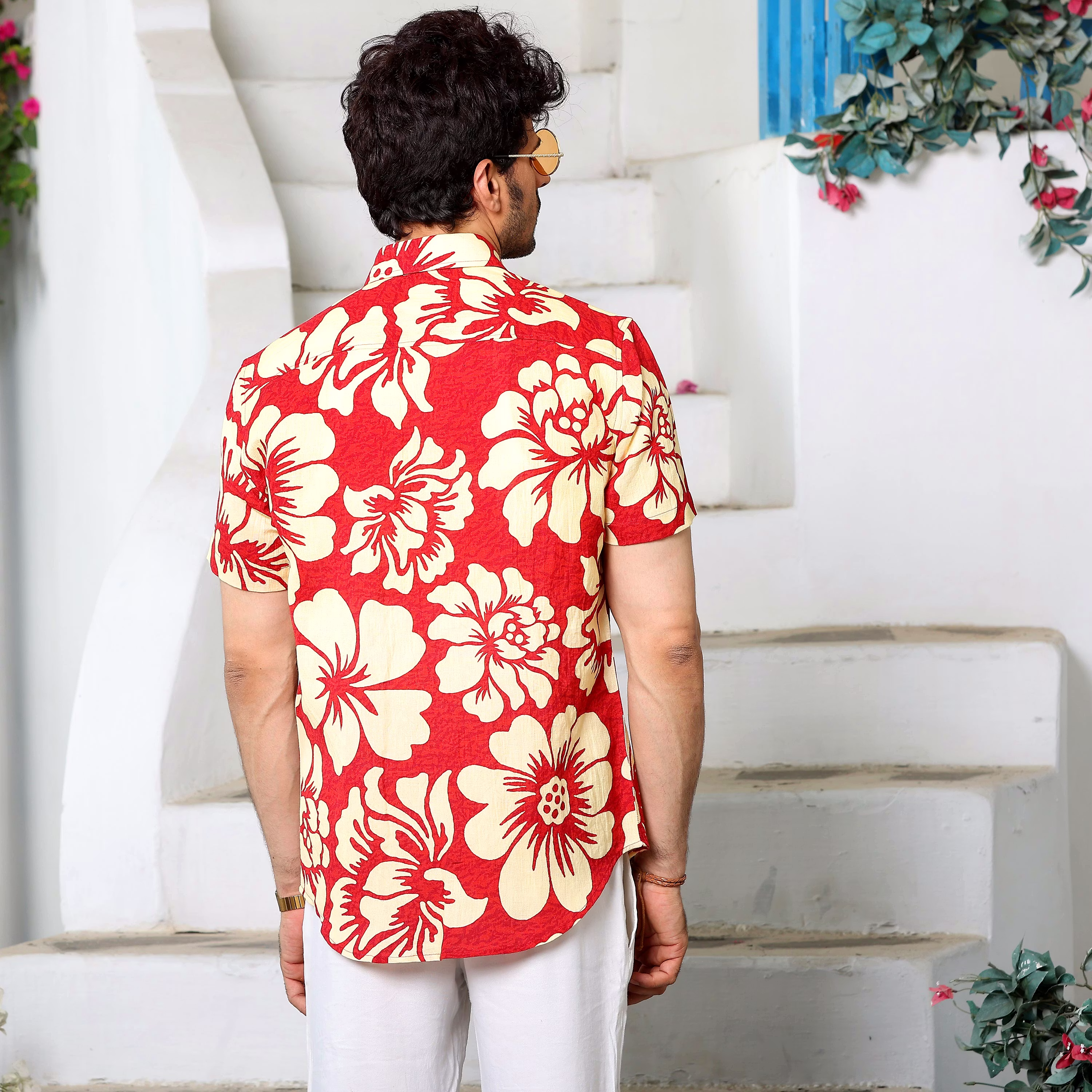 New Men Hibiscus Print Red Causal Pure Linen Half Shirt (Size - S) by BLUE EAGLE 2025 at ShopCir