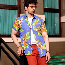 hibiscus flower cobalt blue casual pure linen half shirt