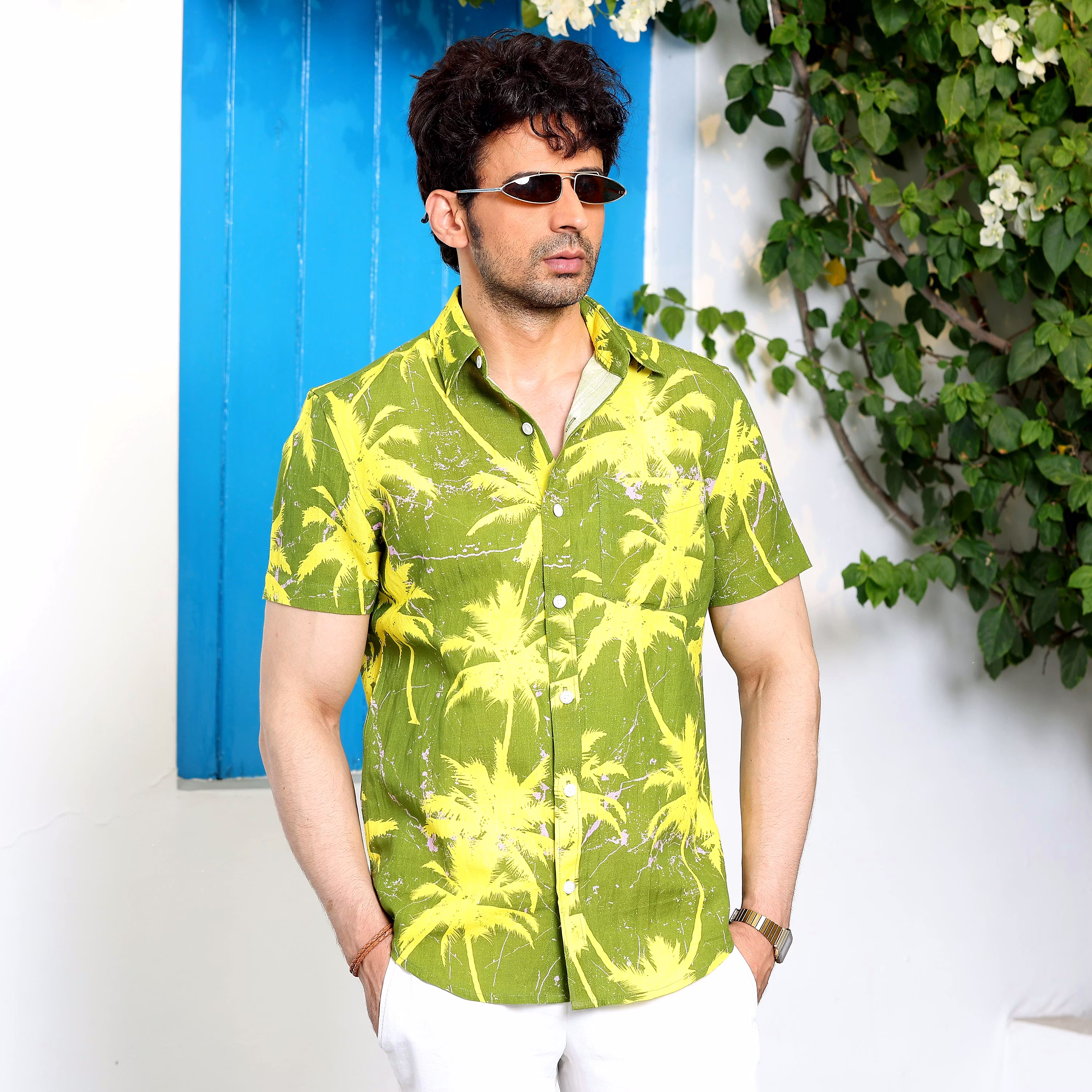 Modern Men Coconut Tree Dark Lemon Casual Pure Linen Half Shirt (Size - S) by BLUE EAGLE 2025 at