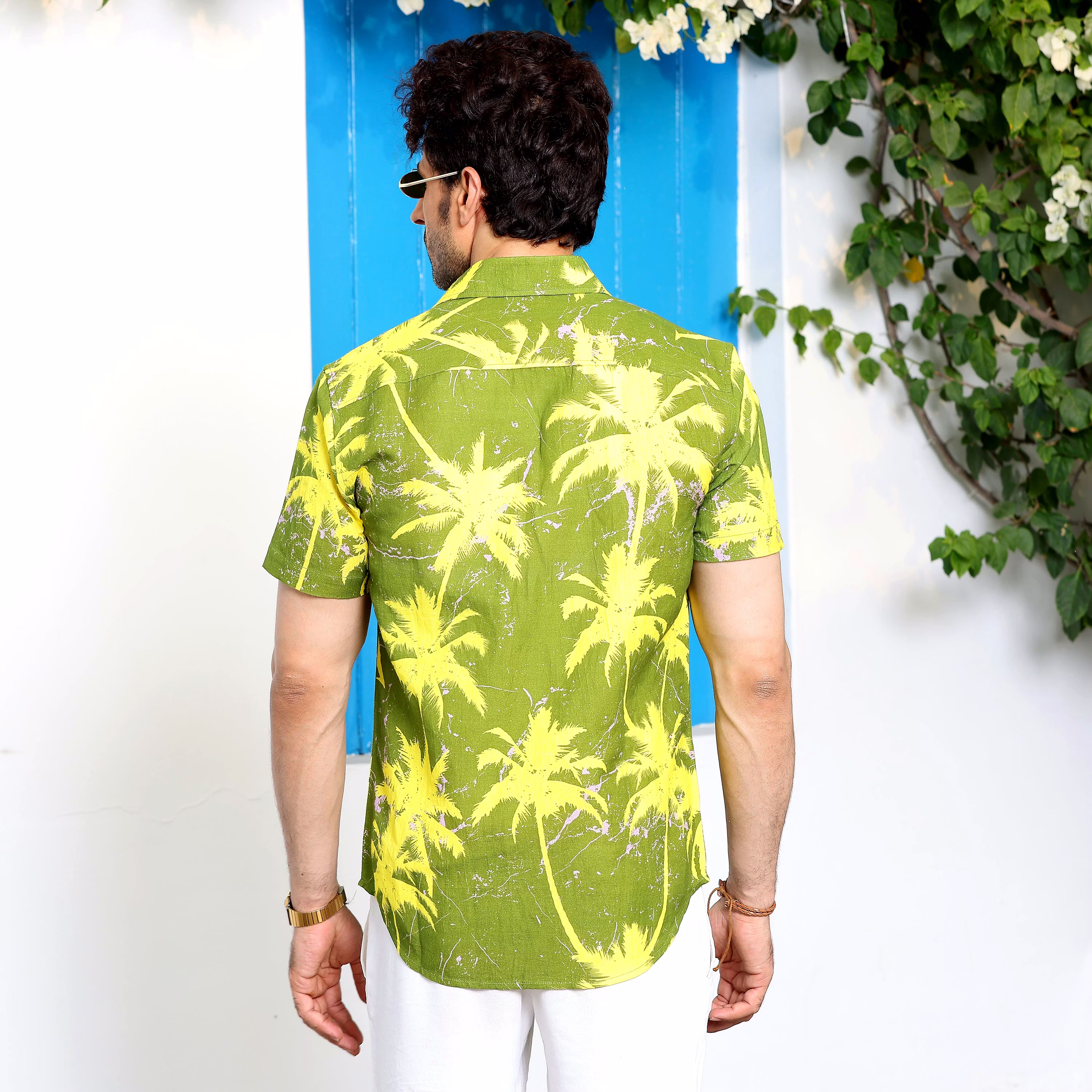Modern Men Coconut Tree Dark Lemon Casual Pure Linen Half Shirt (Size - S) by BLUE EAGLE 2025 at