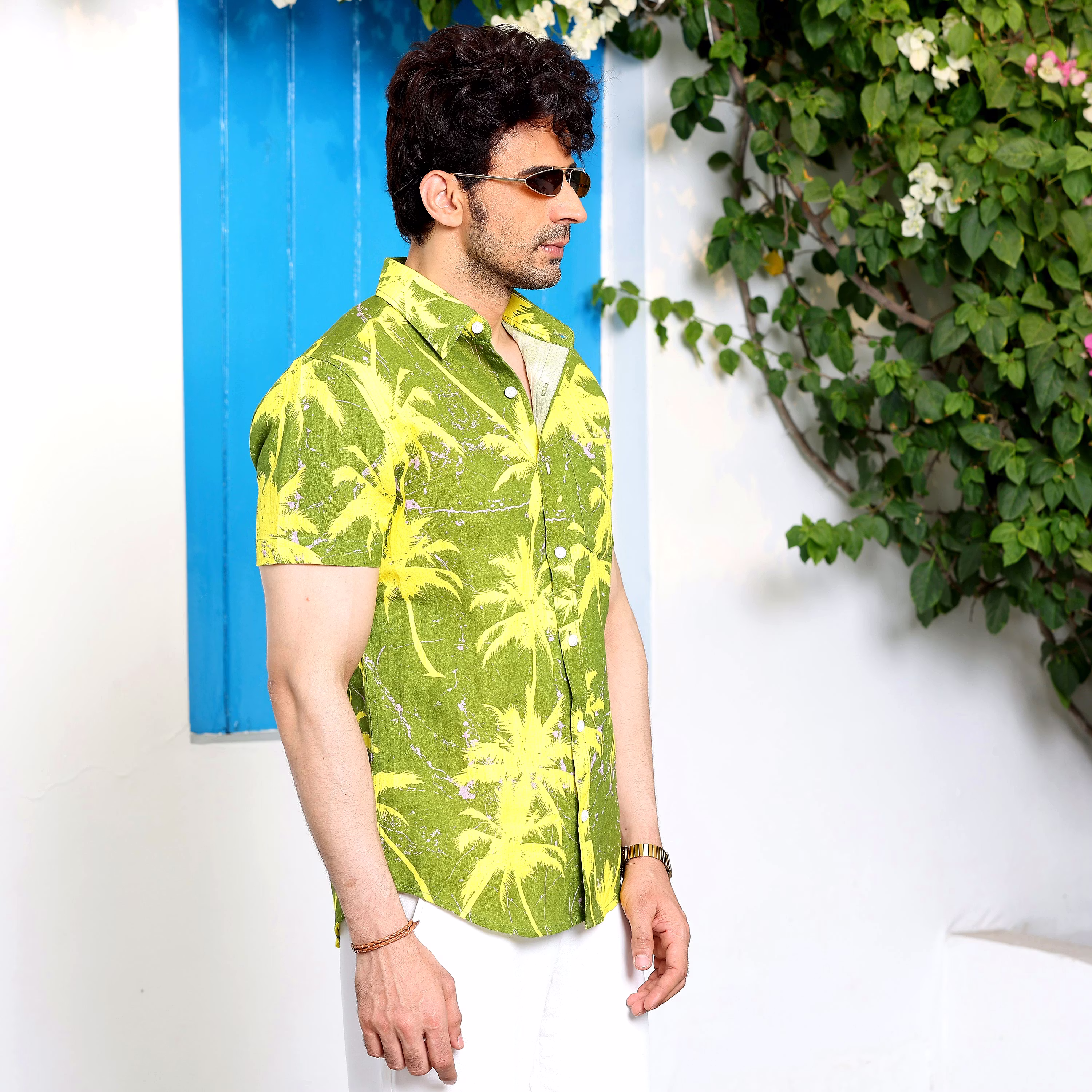 Modern Men Coconut Tree Dark Lemon Casual Pure Linen Half Shirt (Size - S) by BLUE EAGLE 2025 at