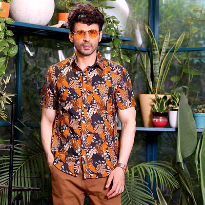 philodendron selloum plant brown casual pure linen half shirt