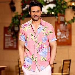 hibiscus flower salmon pink casual half shirt