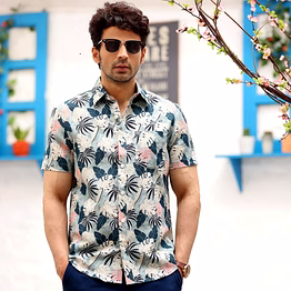 philodendron selloum shades white and powder blue casual pure linen half shirt