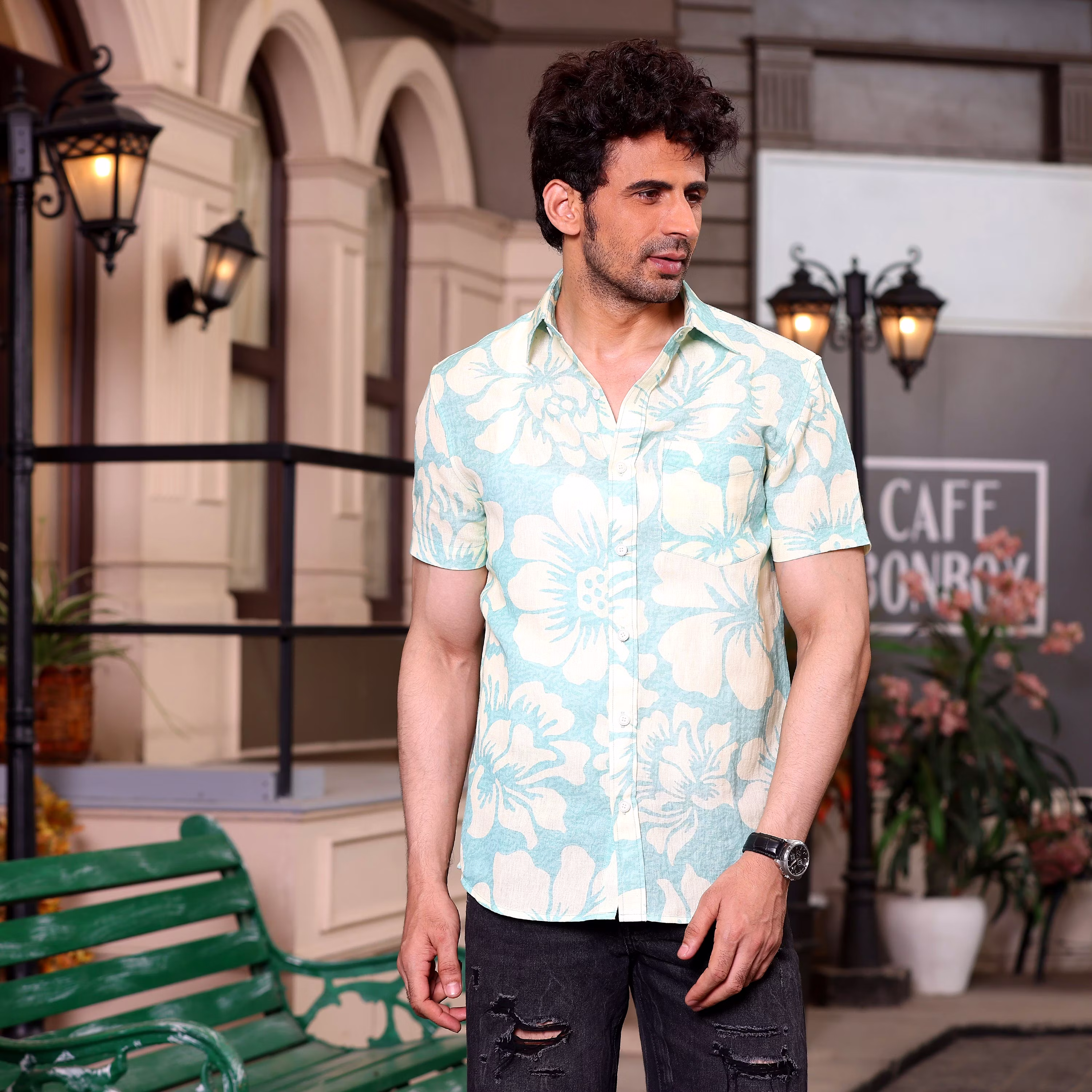 Top Men Hibiscus Print Artic Blue Casual Pure Linen Half Shirt (Size - S) by BLUE EAGLE 2025 at 