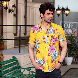 hibiscus flower sunglow yellow casual pure linen half shirt