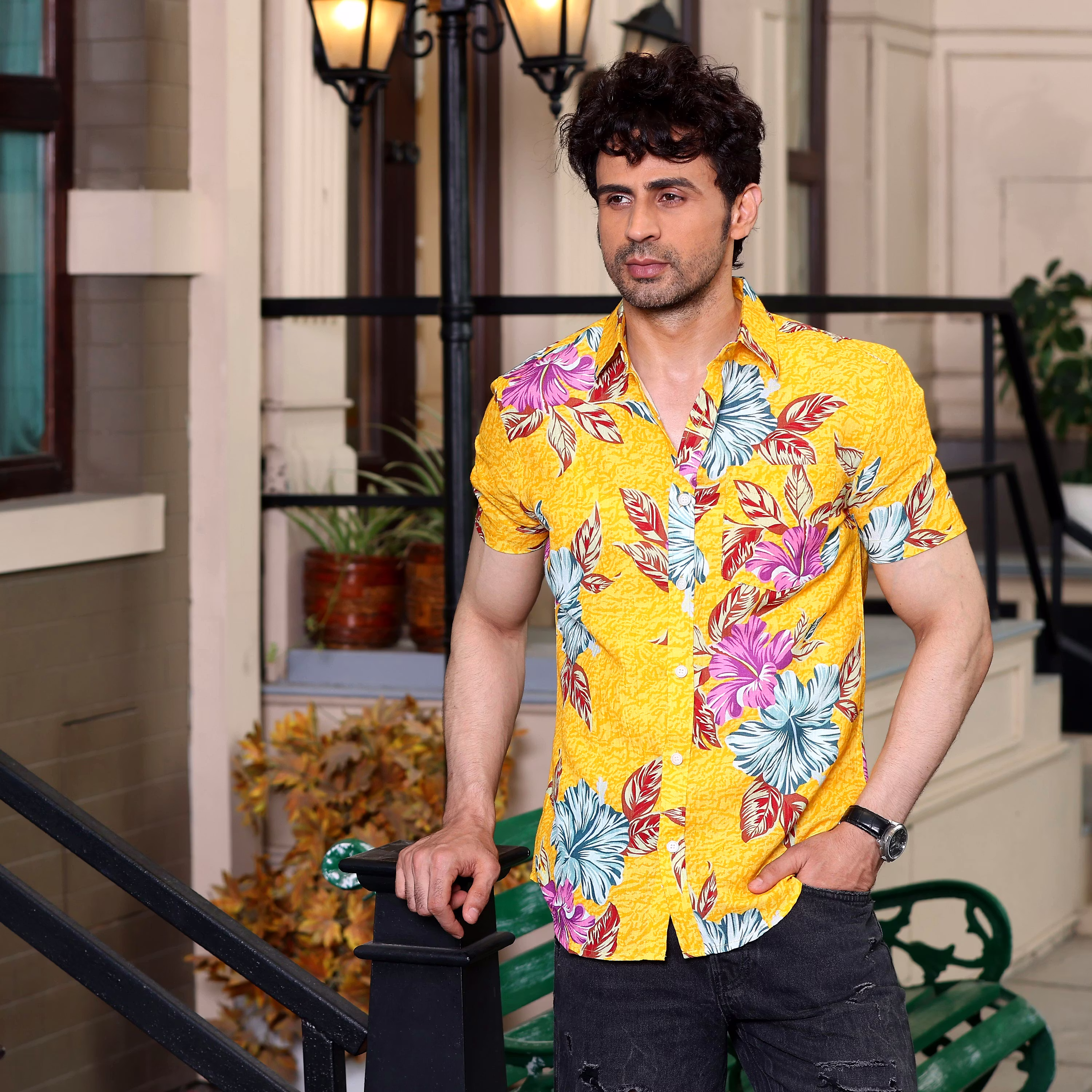 Trendy Men Hibiscus Flower Sunglow Yellow Casual Pure Linen Half Shirt (Size - S) by BLUE EAGLE 