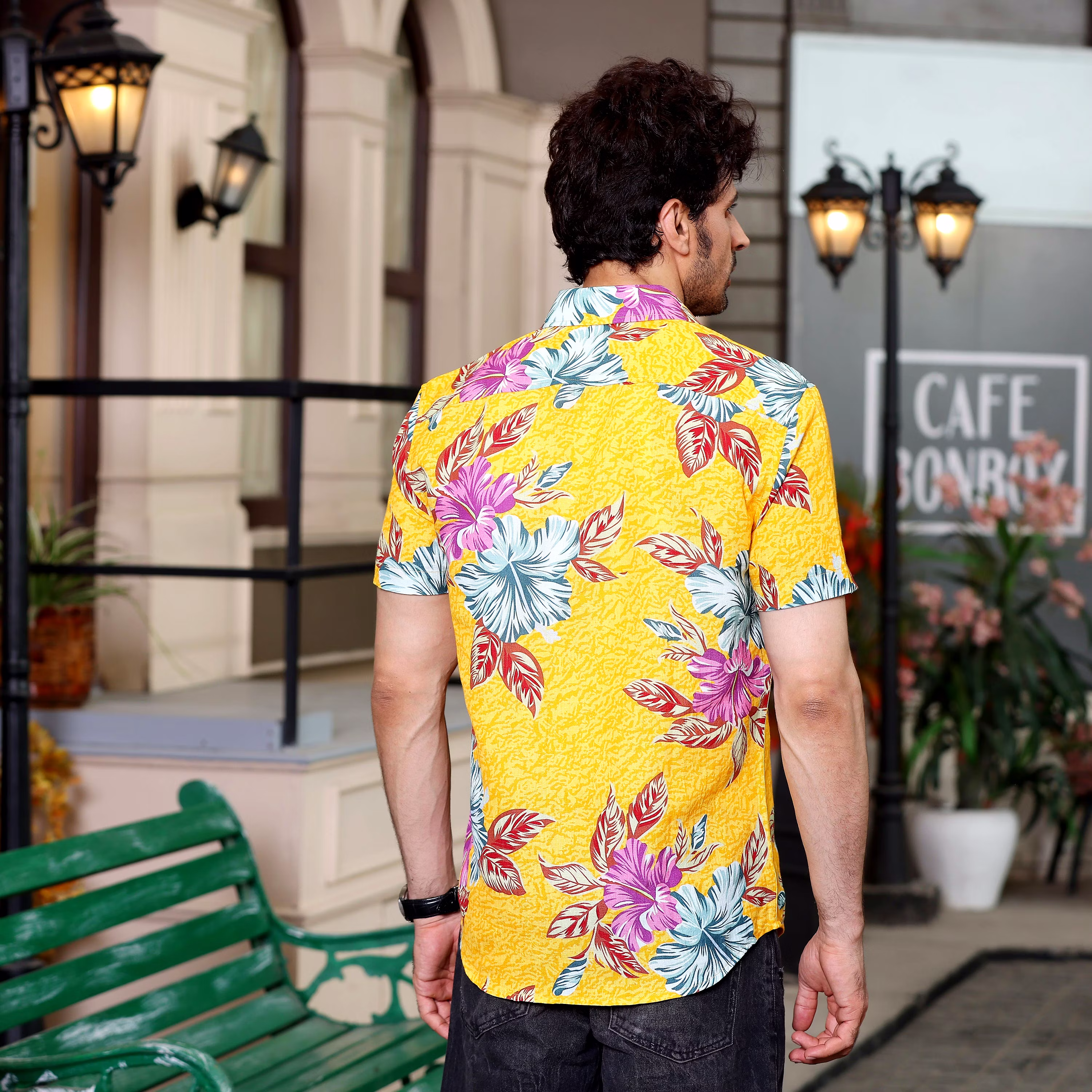 Trendy Men Hibiscus Flower Sunglow Yellow Casual Pure Linen Half Shirt (Size - S) by BLUE EAGLE 