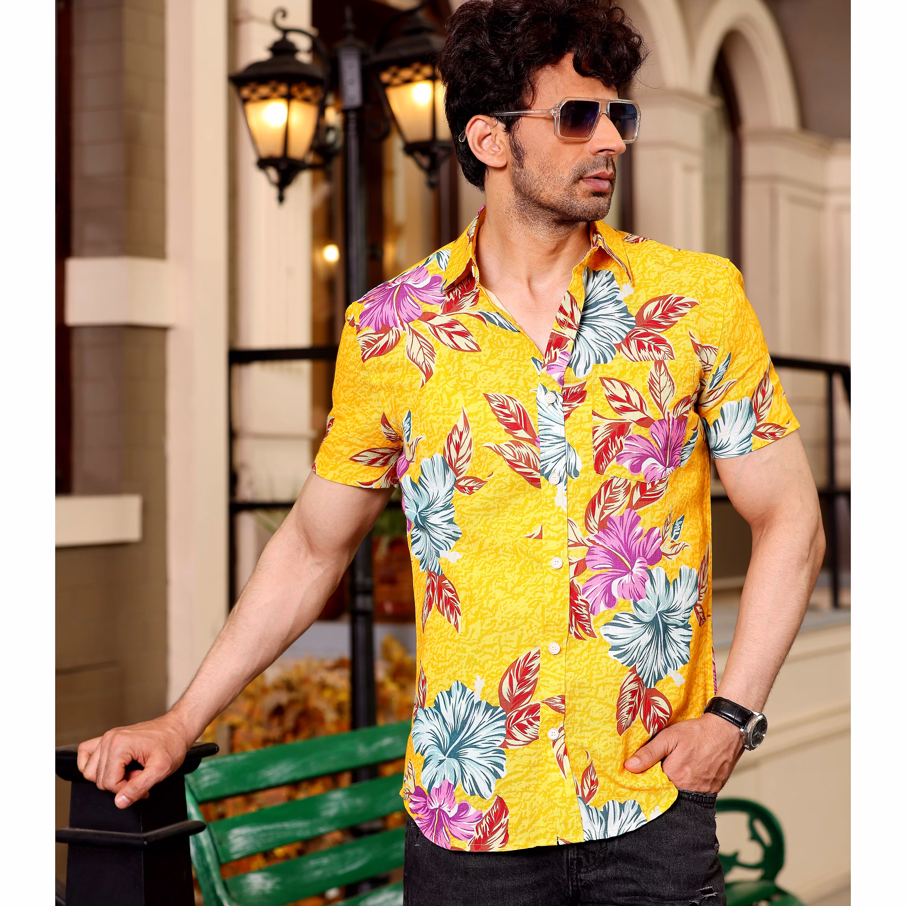 Trendy Men Hibiscus Flower Sunglow Yellow Casual Pure Linen Half Shirt (Size - S) by BLUE EAGLE 