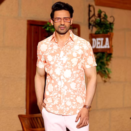 french marigold peach casual pure linen half shirt