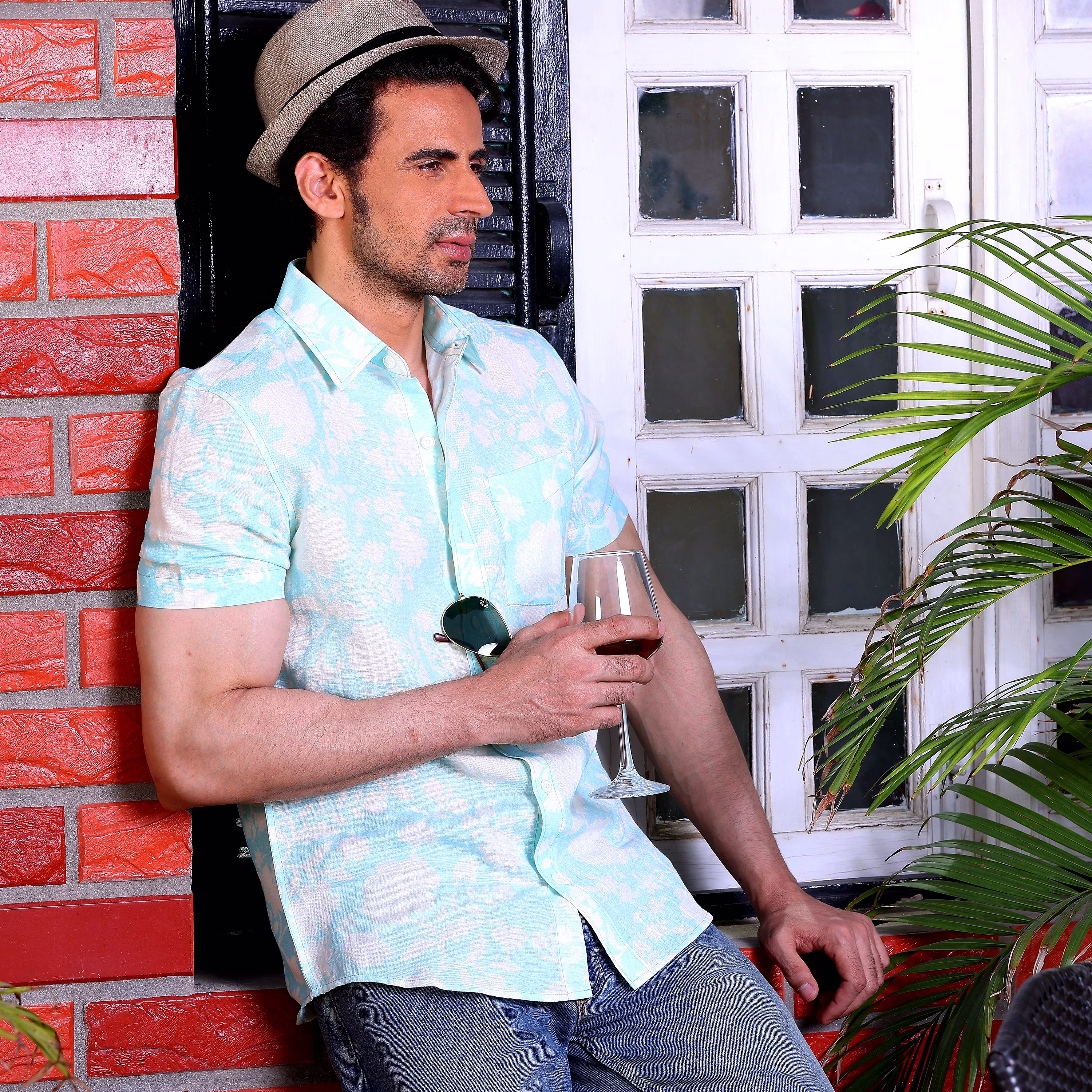 Latest Men French Marigold Artic Blue Casual Pure Linen Half Shirt (Size - S) by BLUE EAGLE 2025