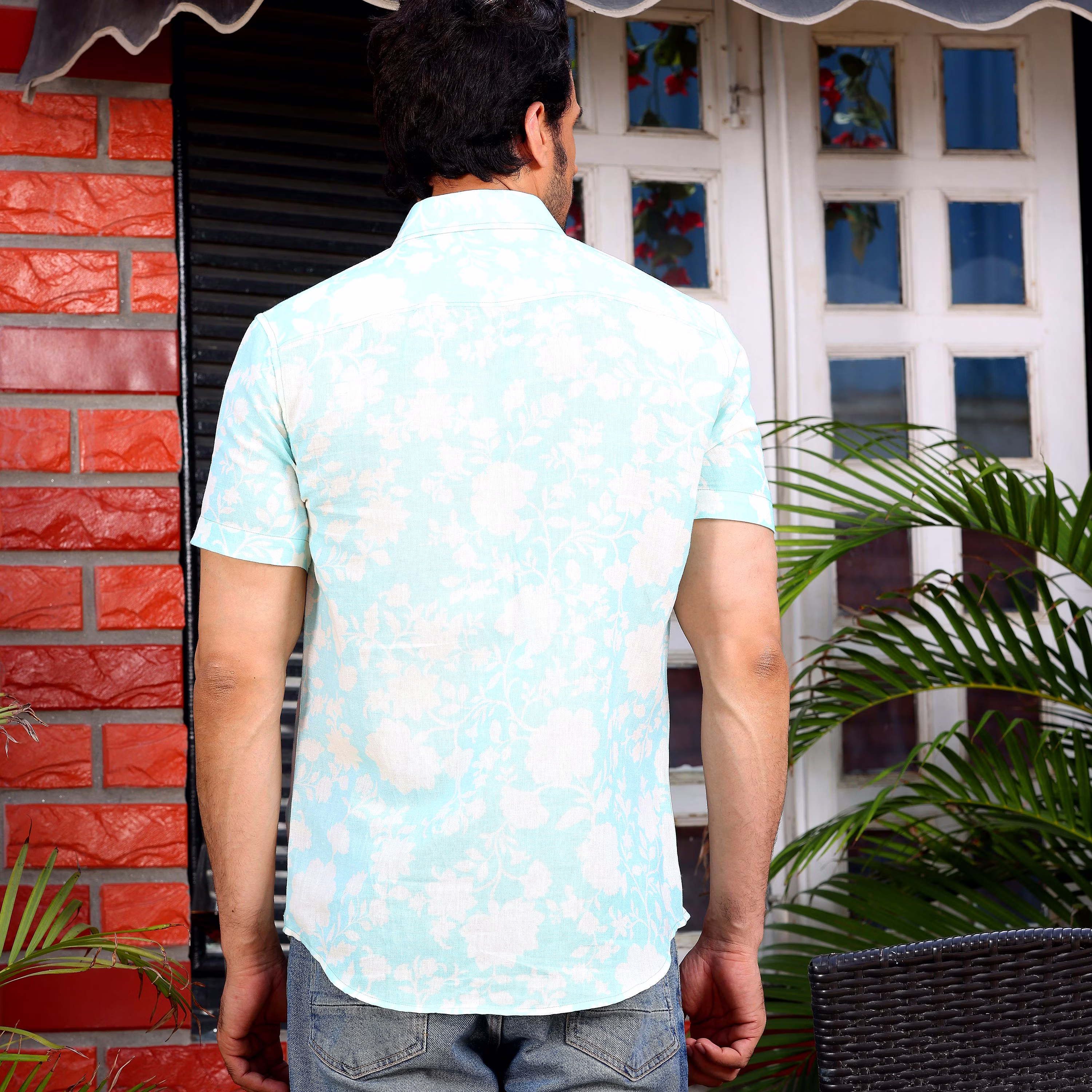 Latest Men French Marigold Artic Blue Casual Pure Linen Half Shirt (Size - S) by BLUE EAGLE 2025