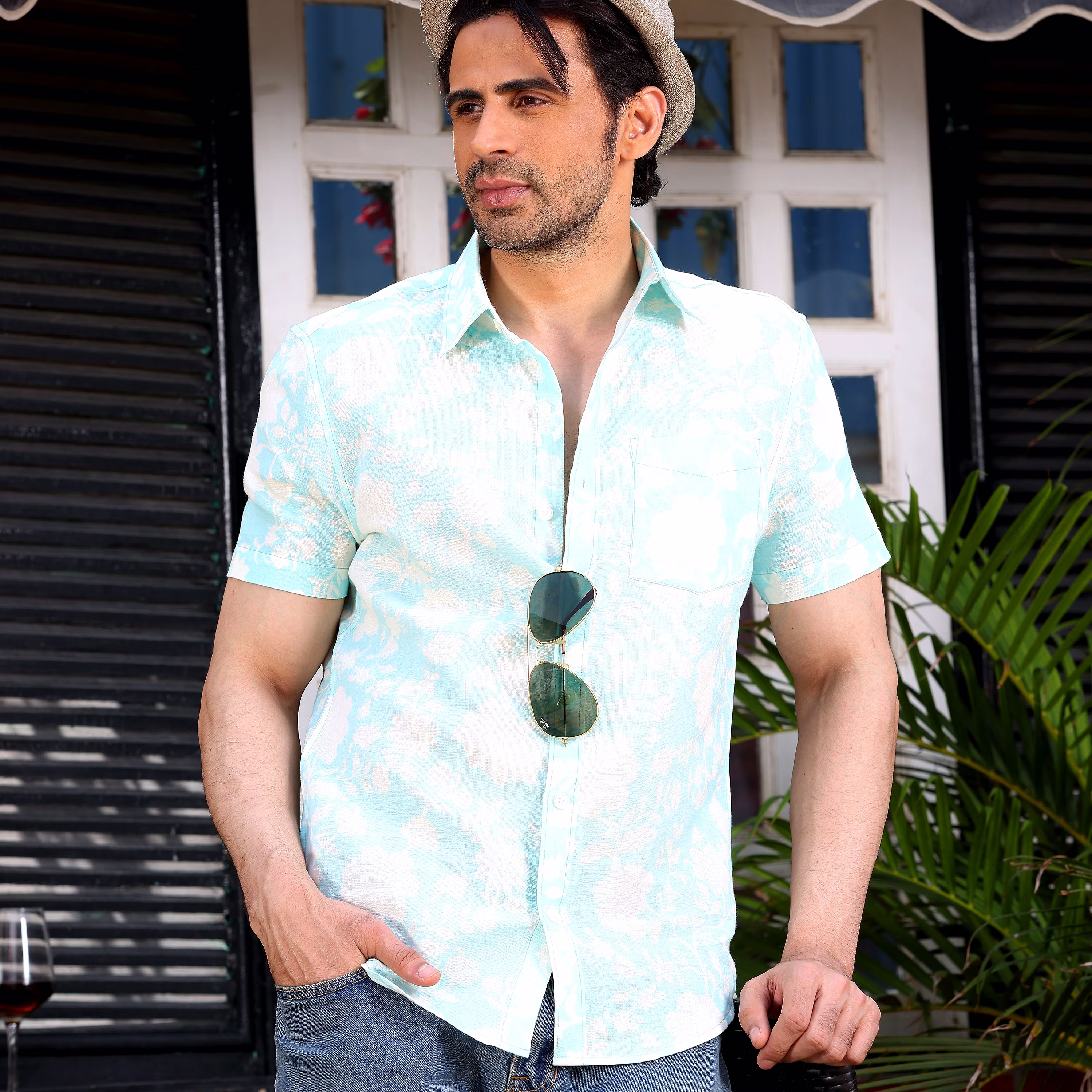 Latest Men French Marigold Artic Blue Casual Pure Linen Half Shirt (Size - S) by BLUE EAGLE 2025