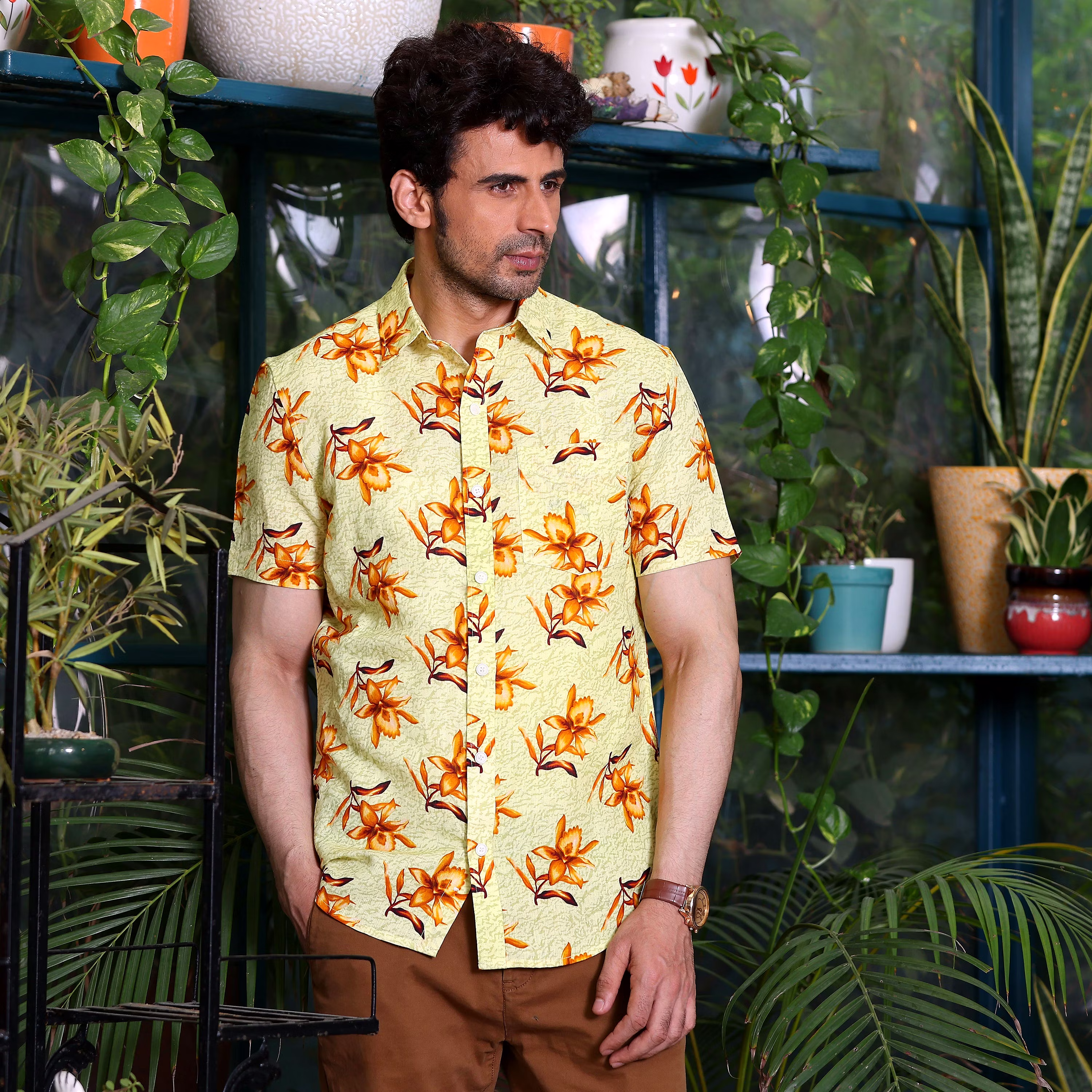 Top Men Aztec Lily Cream Print Casual Pure Linen Half Shirt (Size - S) by BLUE EAGLE 2025 at Sho