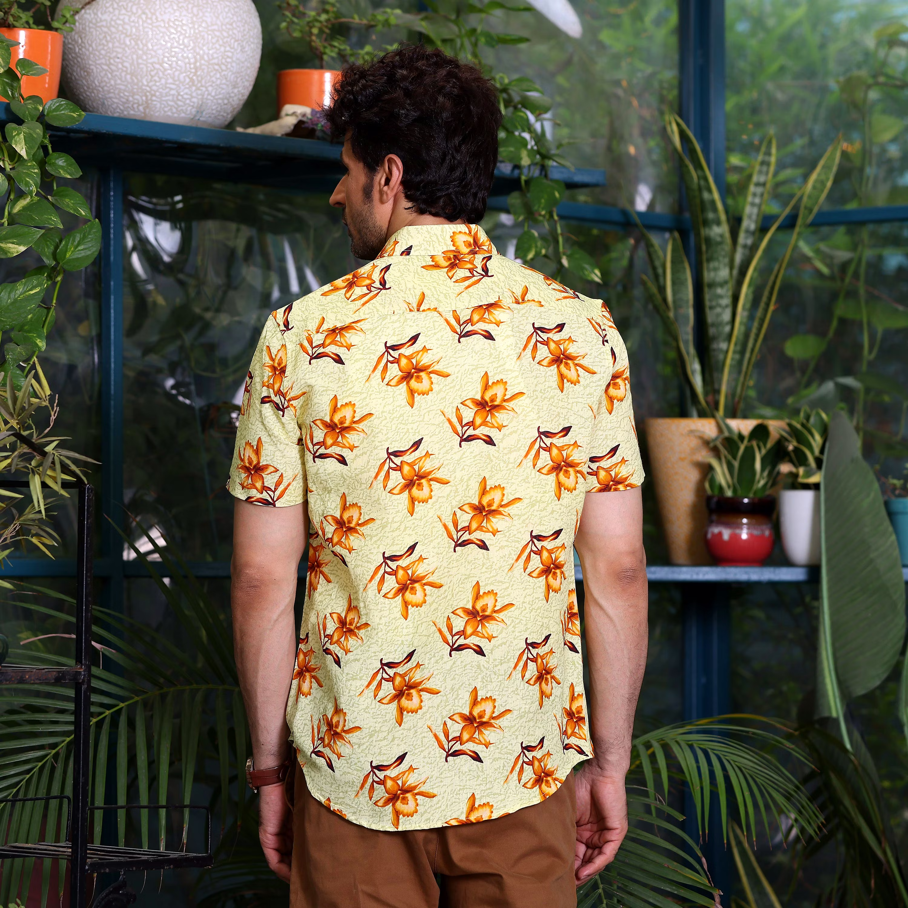 Top Men Aztec Lily Cream Print Casual Pure Linen Half Shirt (Size - S) by BLUE EAGLE 2025 at Sho