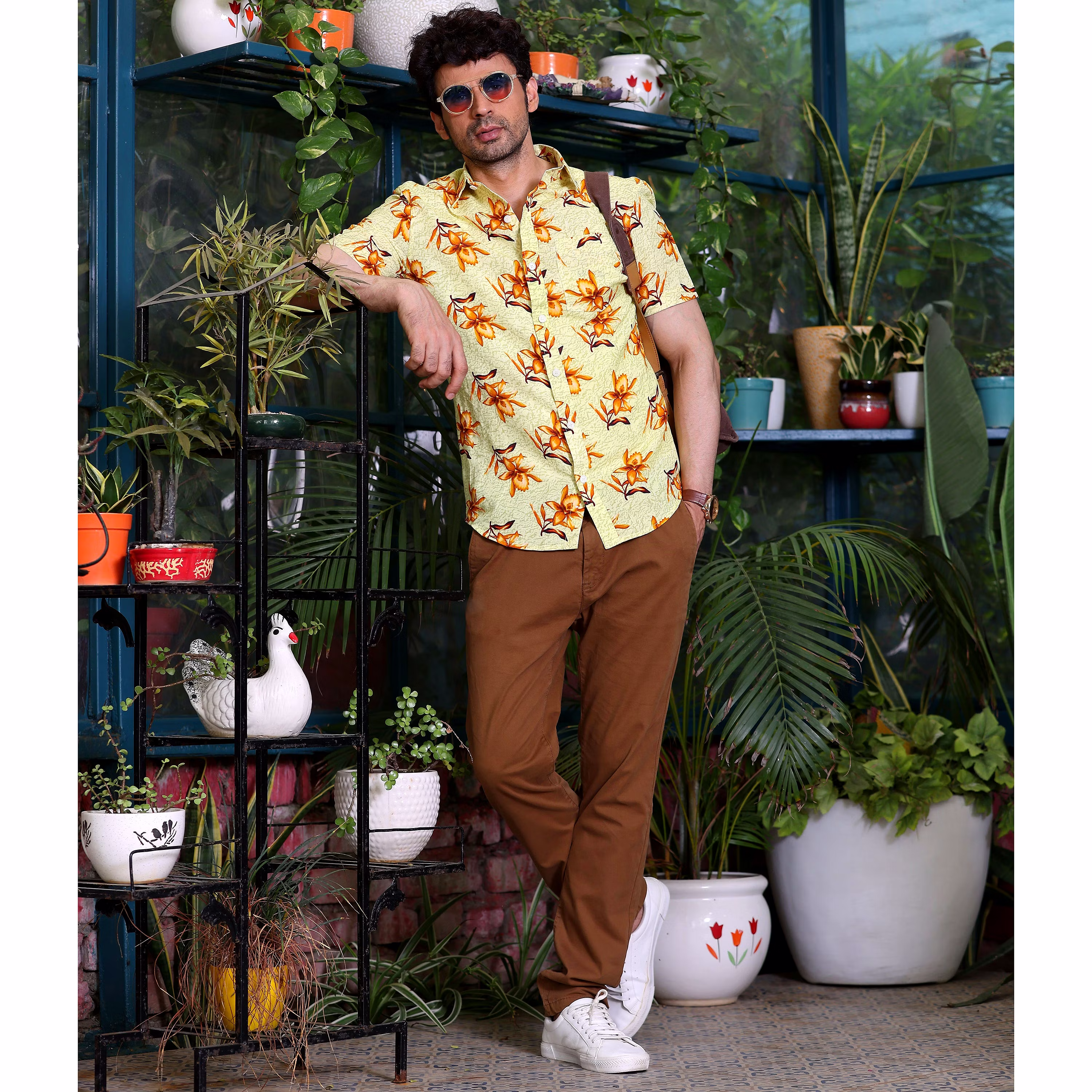 Top Men Aztec Lily Cream Print Casual Pure Linen Half Shirt (Size - S) by BLUE EAGLE 2025 at Sho