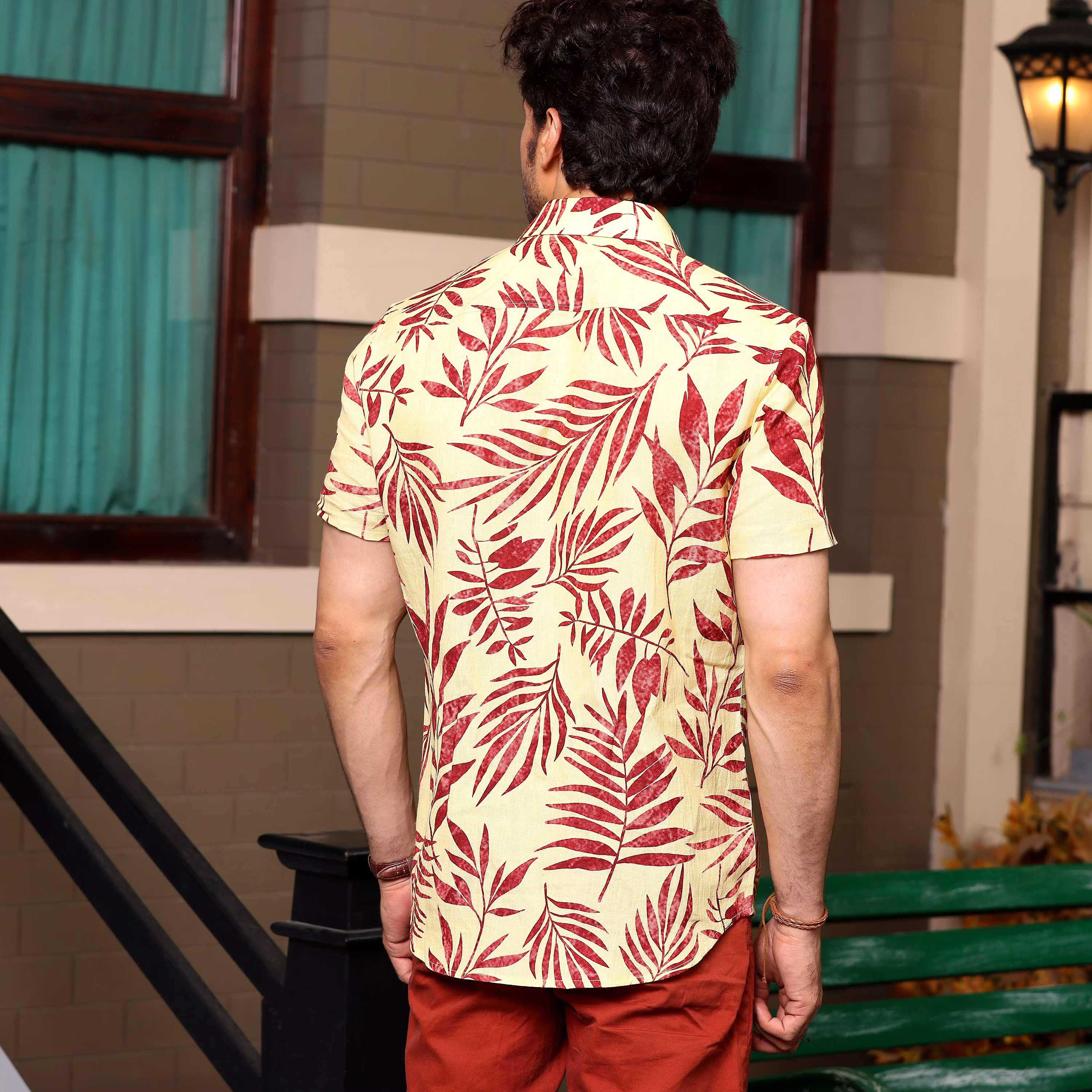 Best Men Tropical Maroon Leaves Banana Yellow Casual Pure Linen Half Shirt (Size - S) by BLUE EA