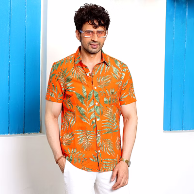 tropical leaves vivid orange casual pure linen half shirt