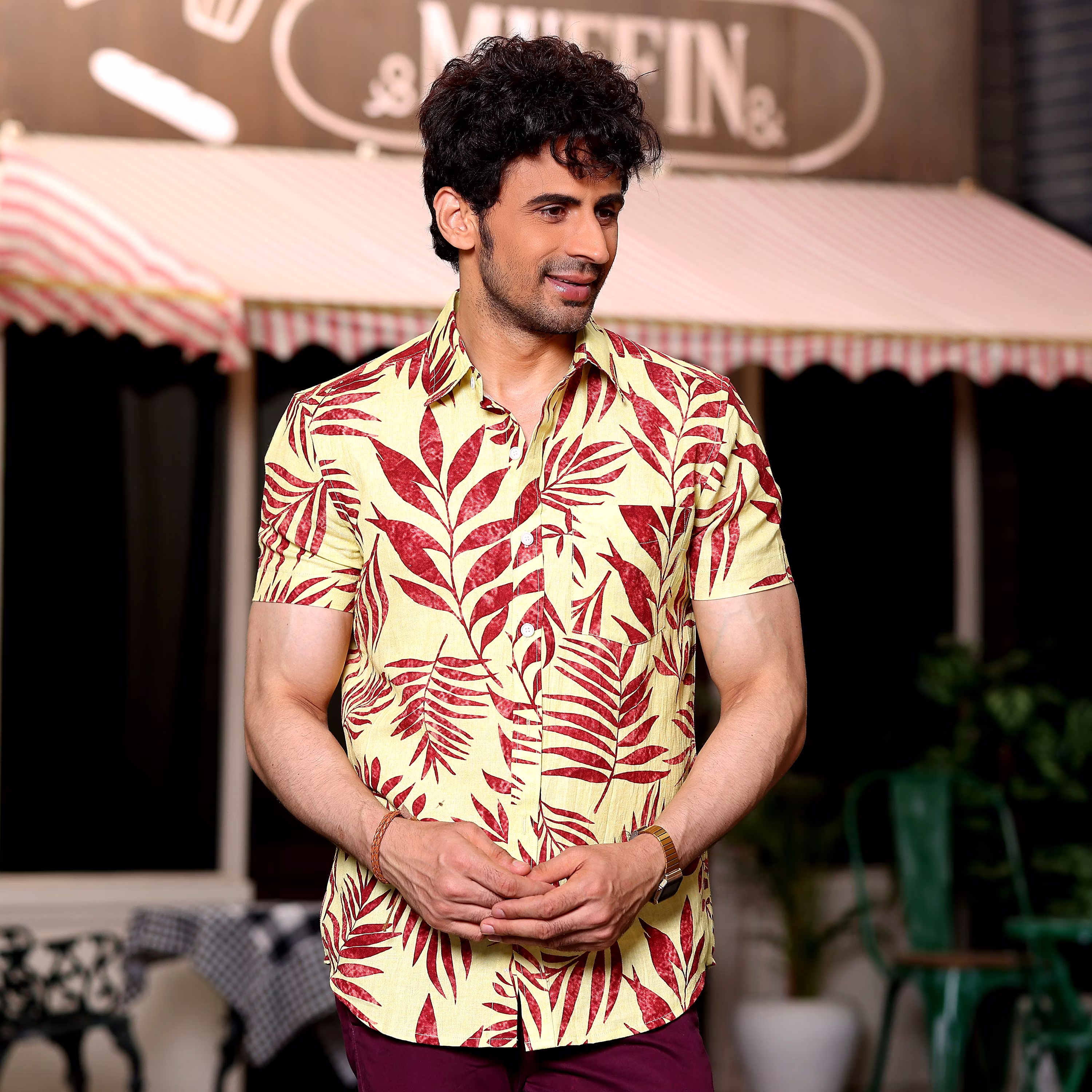 Modern Men Ruby Red tropical Palm Crayola Lemon Casual Pure Linen Half Shirt (Size - S) by BLUE 