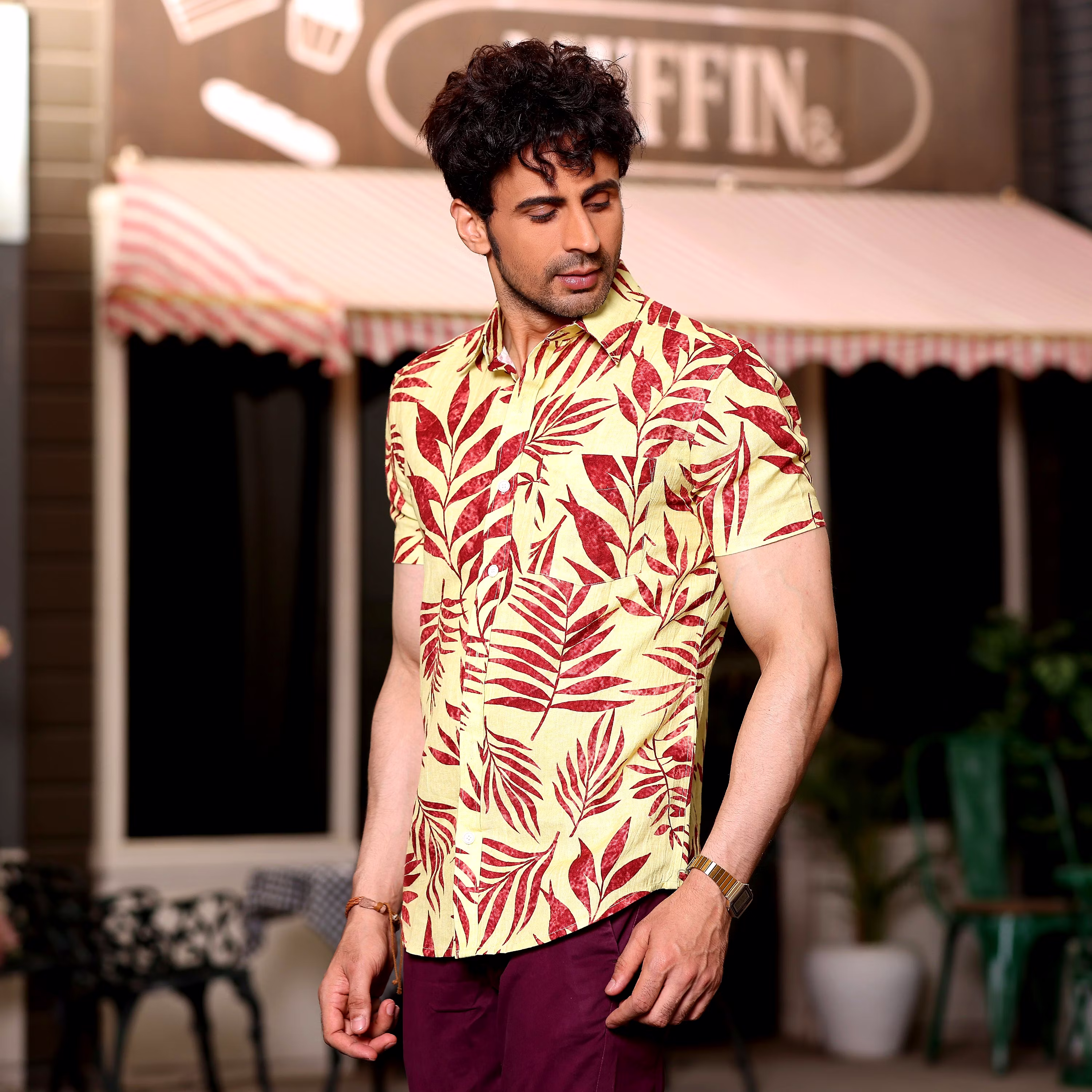 Modern Men Ruby Red tropical Palm Crayola Lemon Casual Pure Linen Half Shirt (Size - S) by BLUE 