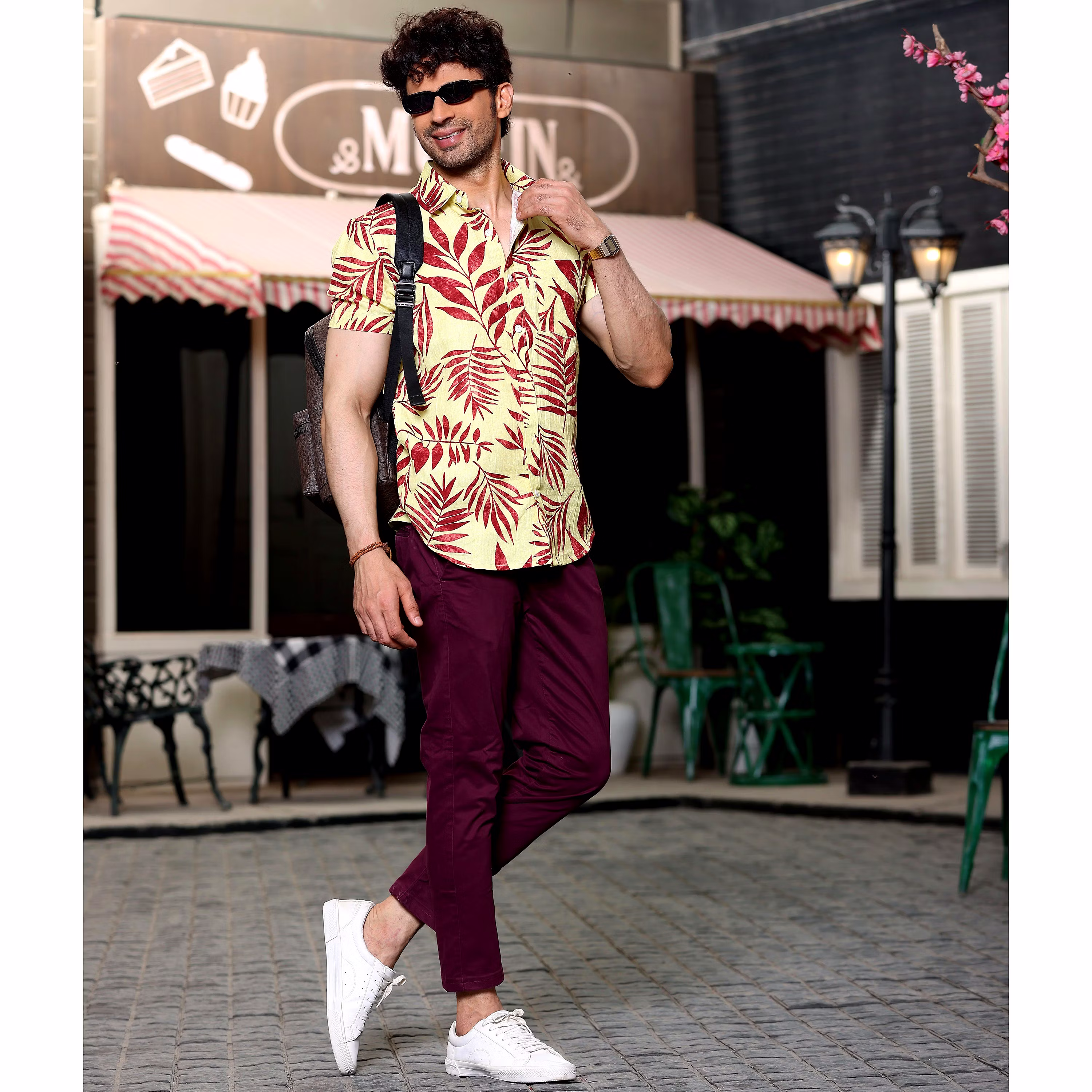 Modern Men Ruby Red tropical Palm Crayola Lemon Casual Pure Linen Half Shirt (Size - S) by BLUE 