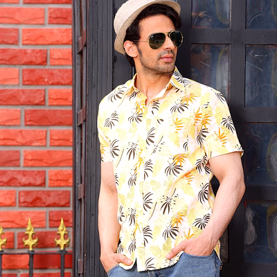 philodendron selloum plant lemon casual pure linen half shirt