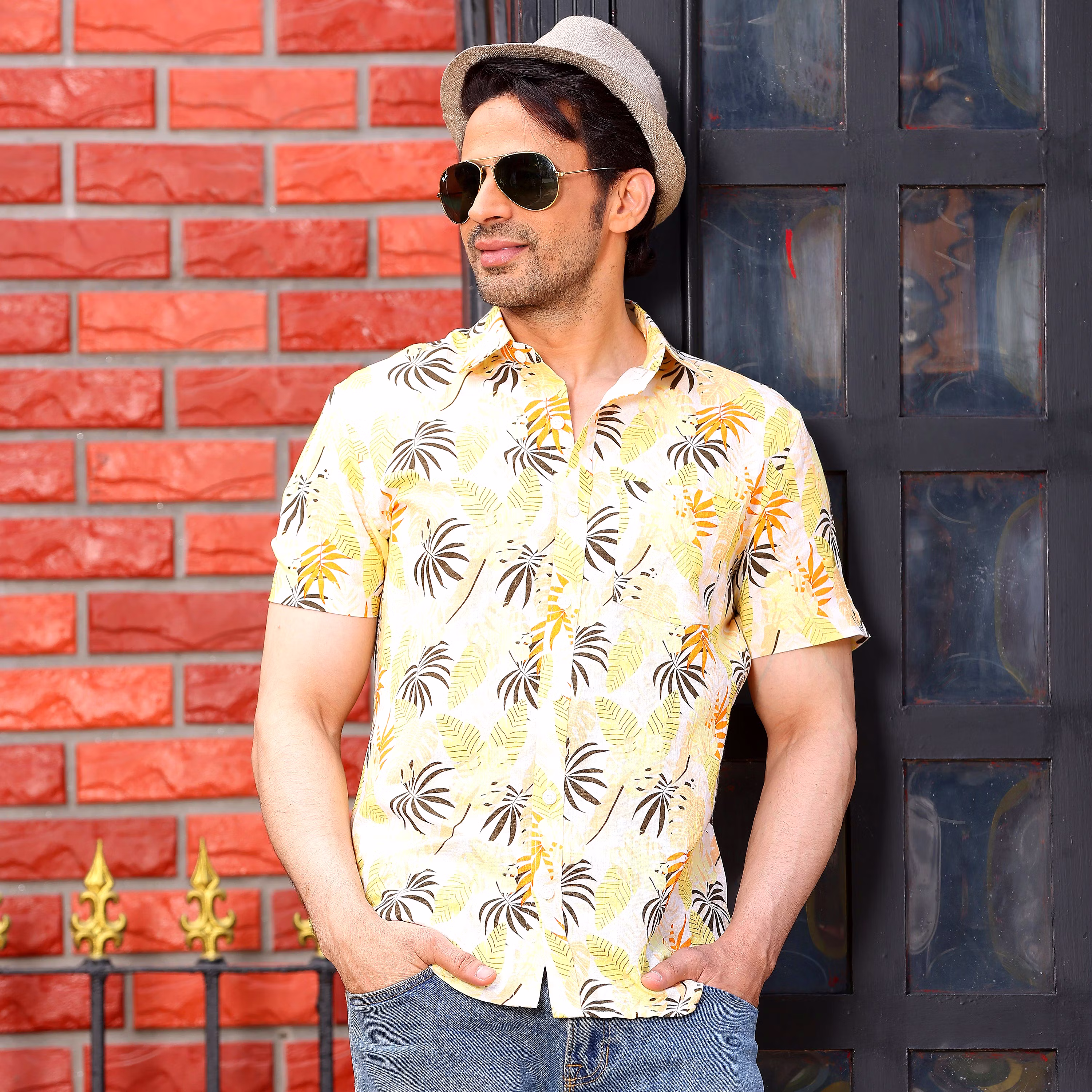 Exclusive Men Philodendron Selloum Plant Lemon Casual Pure Linen Half Shirt (Size - S) by BLUE E