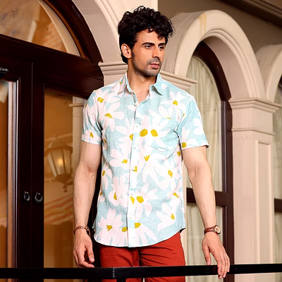 lily flower light turquoise casual pure linen half shirt