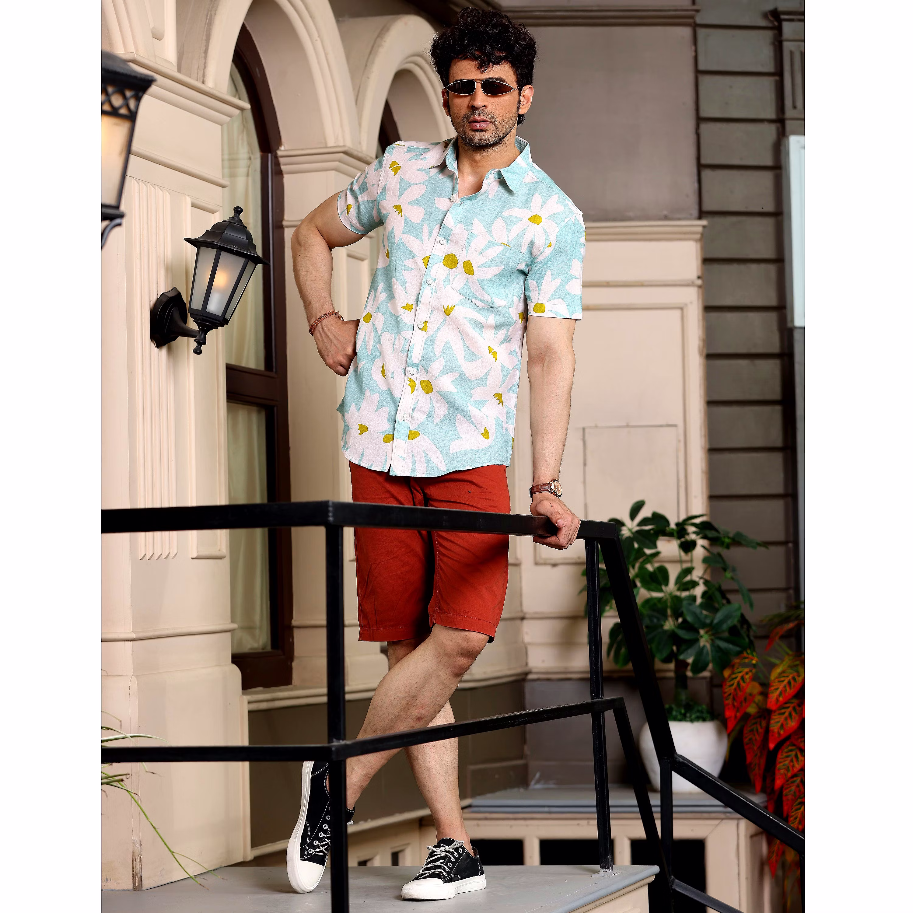 Top Men Lily Flower Light Turquoise Casual Pure Linen Half Shirt (Size - S) by BLUE EAGLE 2025 a