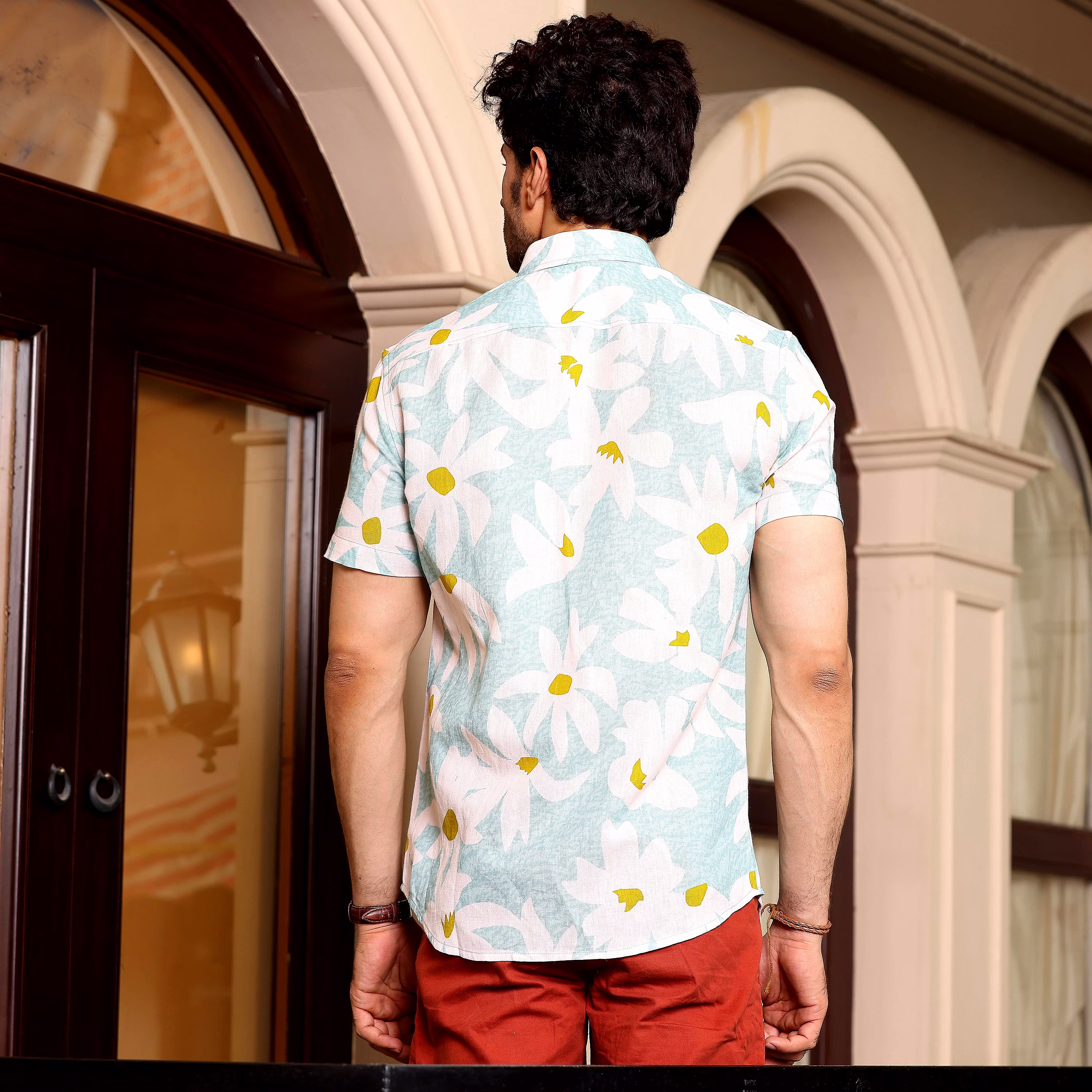 Top Men Lily Flower Light Turquoise Casual Pure Linen Half Shirt (Size - S) by BLUE EAGLE 2025 a