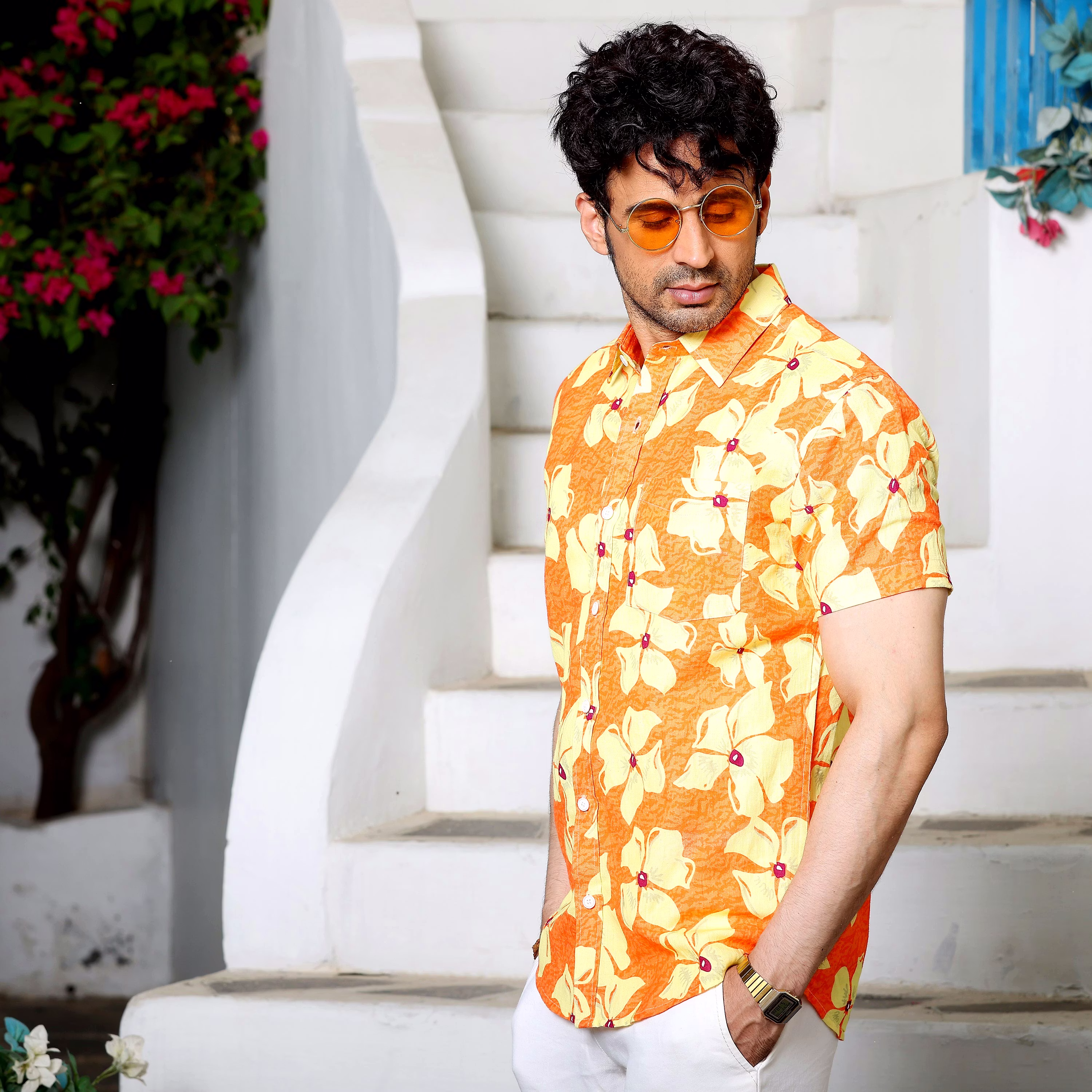 New Men Lilac Tangerine Orange Casual Pure Linen Half Shirt (Size - S) by BLUE EAGLE 2025 at Sho
