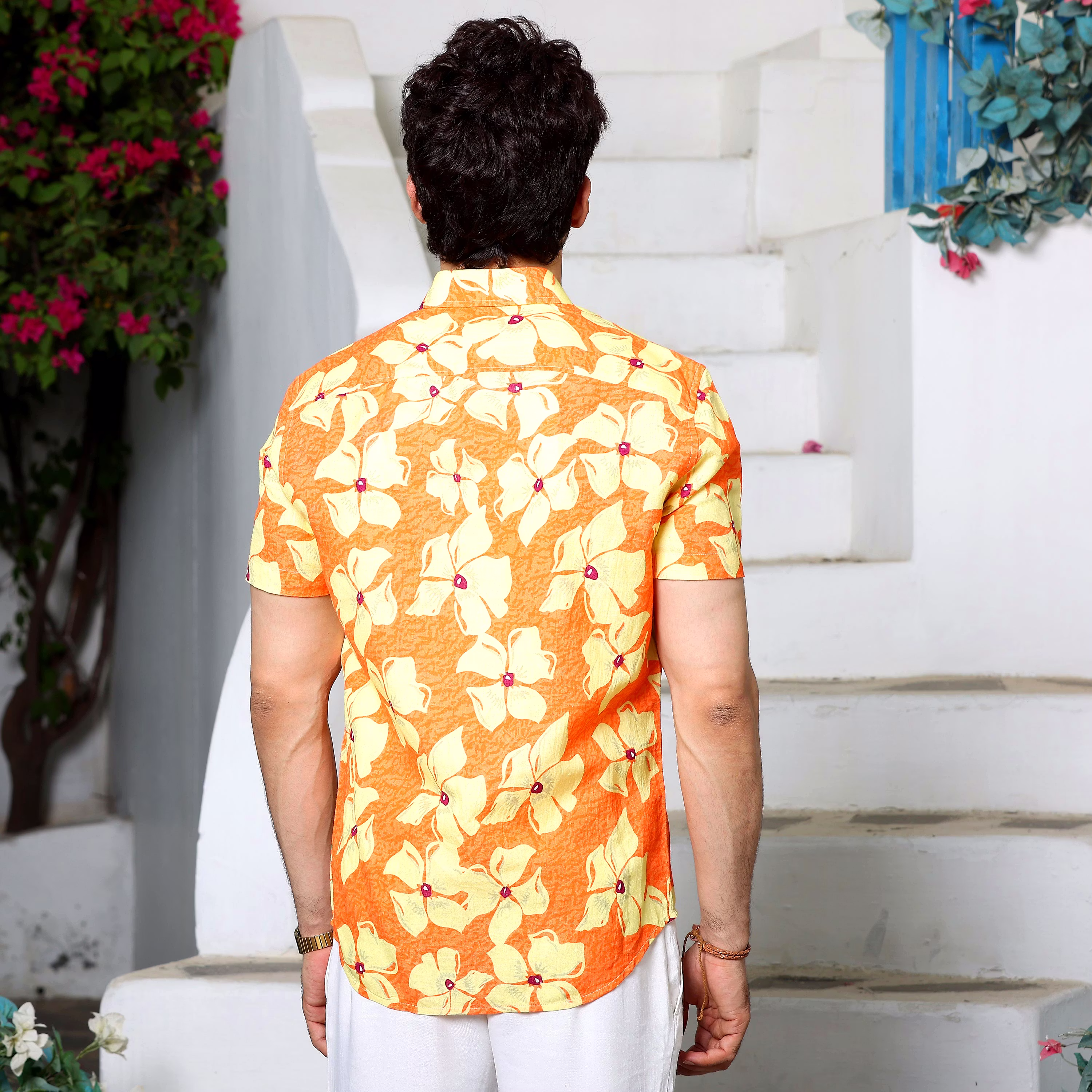 New Men Lilac Tangerine Orange Casual Pure Linen Half Shirt (Size - S) by BLUE EAGLE 2025 at Sho
