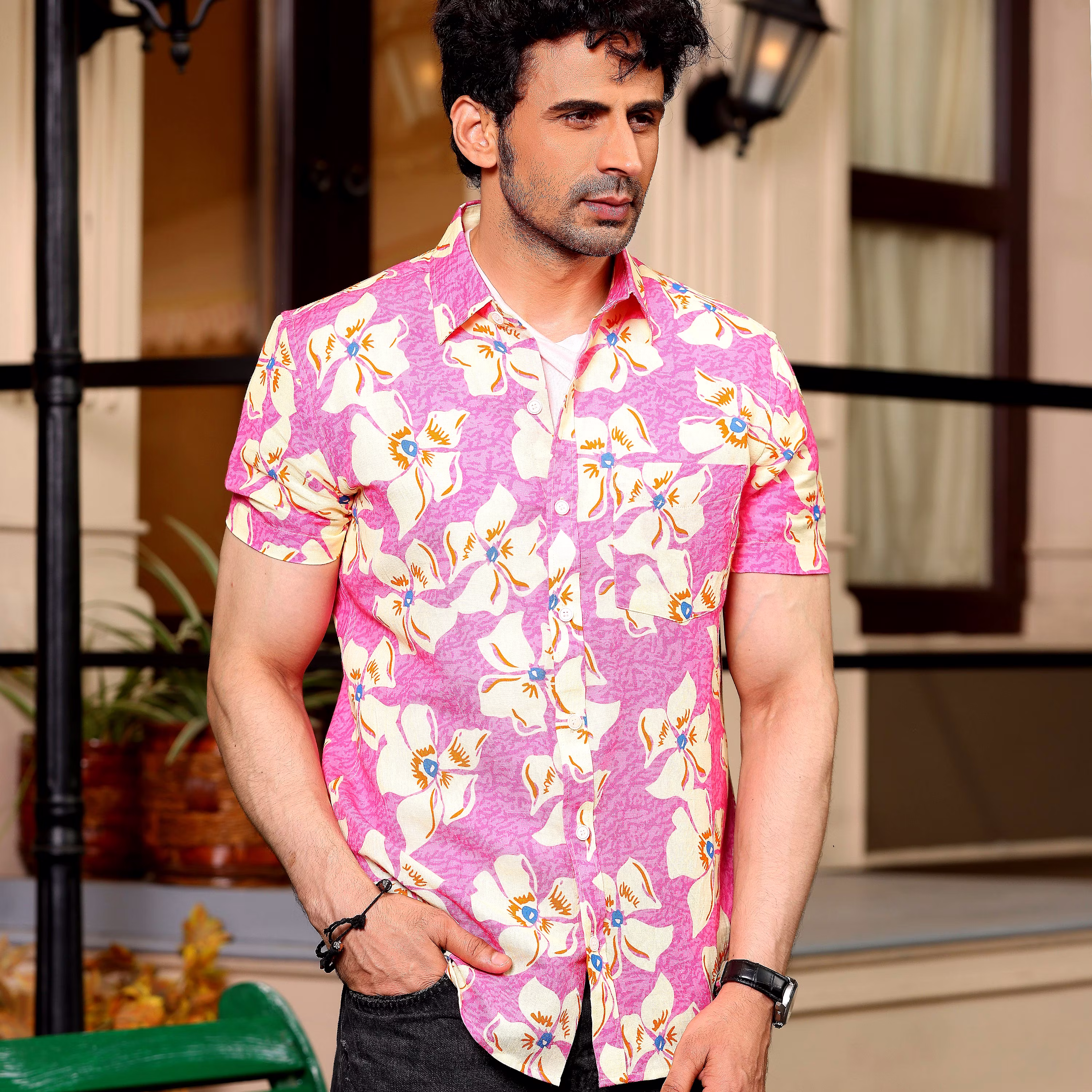 Elegant Men Lilac Persian Pink Casual Pure Linen Half Shirt (Size - S) by BLUE EAGLE 2025 at Sho