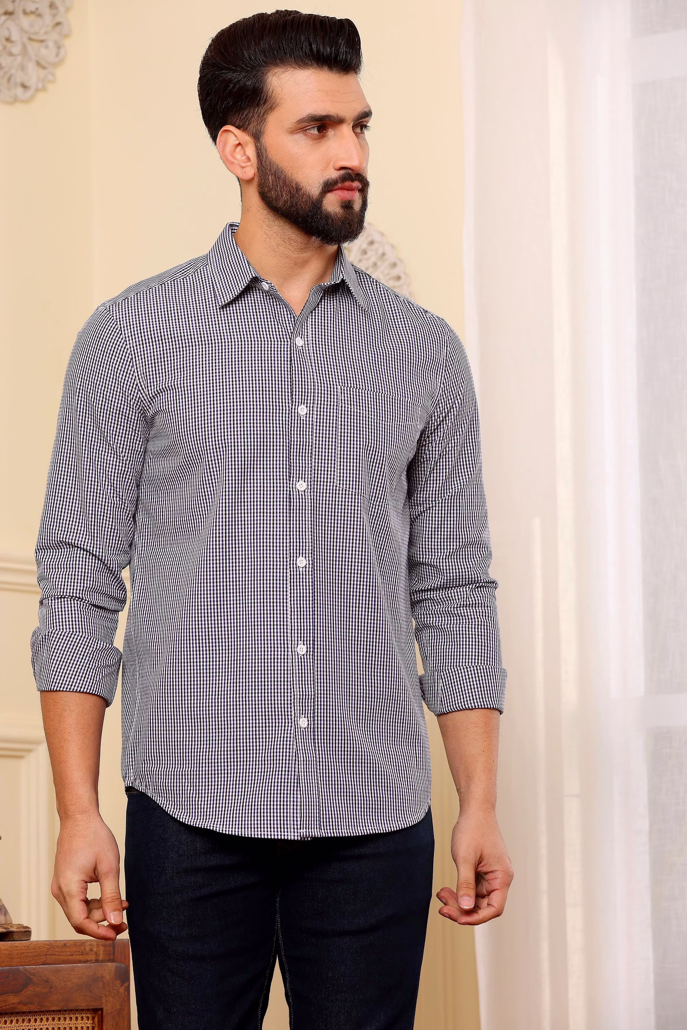 Exclusive Men Purple And Black Oxford Cotton Shirt (Size - S) by BLUE EAGLE 2025 at ShopCircuit 