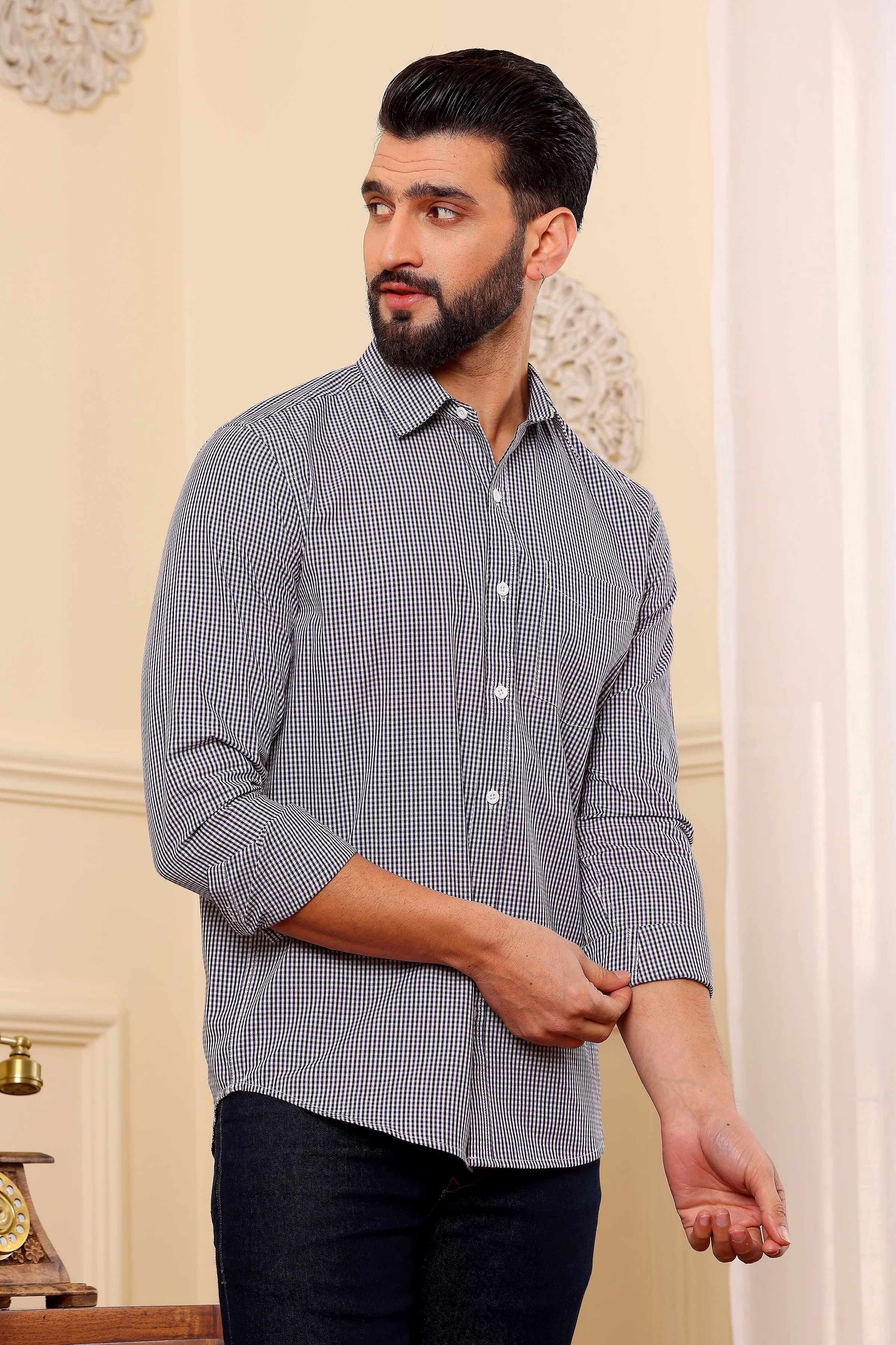Exclusive Men Purple And Black Oxford Cotton Shirt (Size - S) by BLUE EAGLE 2025 at ShopCircuit 