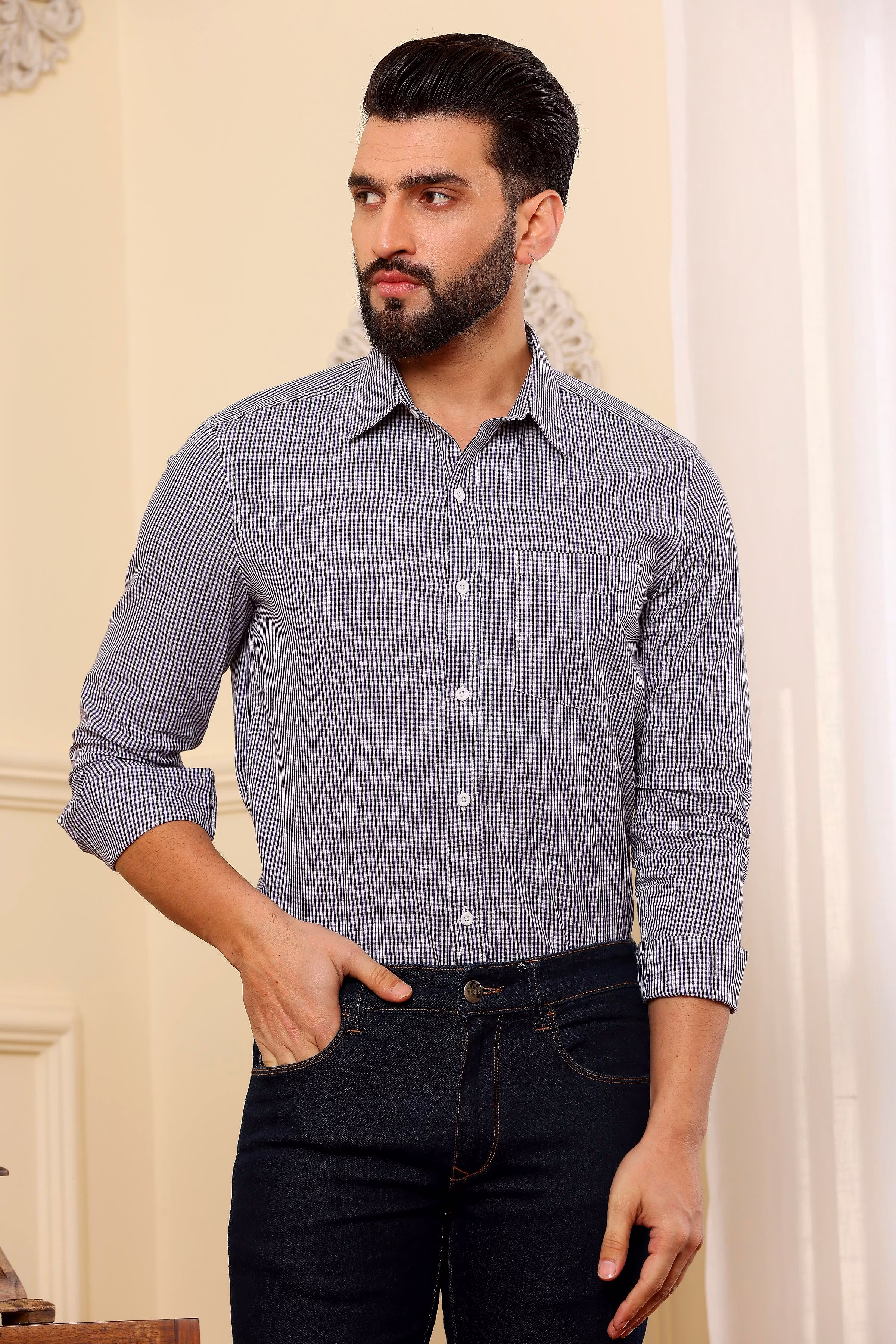 Exclusive Men Purple And Black Oxford Cotton Shirt (Size - S) by BLUE EAGLE 2025 at ShopCircuit 