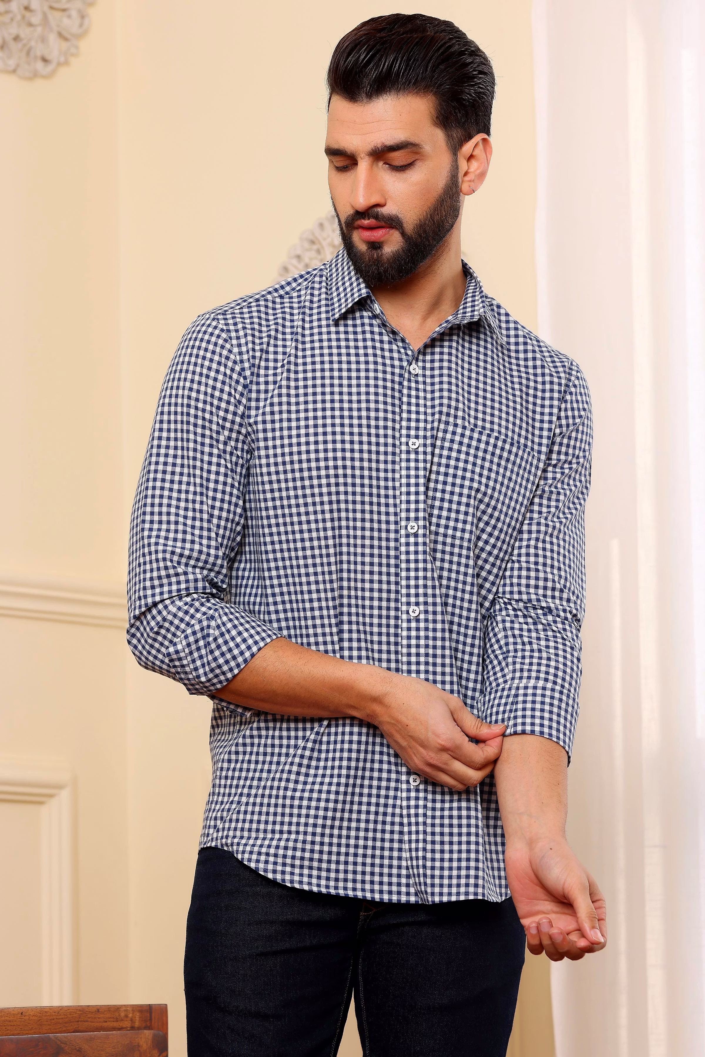 Best Men Oxford Shirt Blue Checkered Cotton (Size - S) by BLUE EAGLE 2025 at ShopCircuit | ONDC