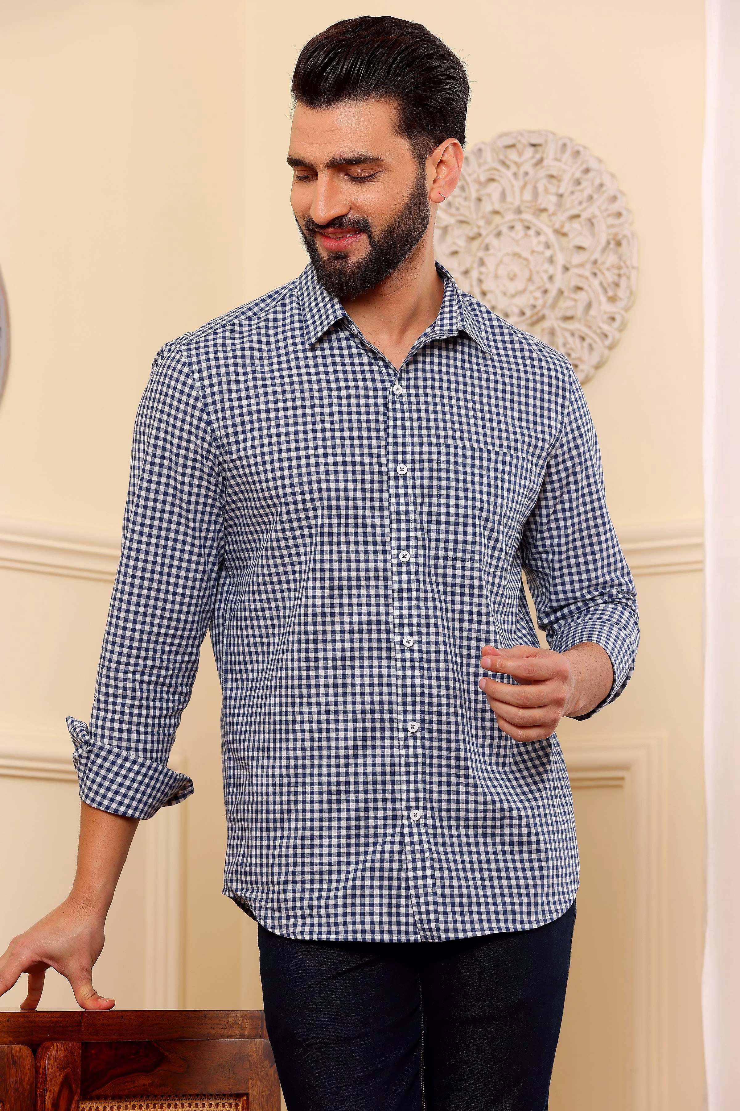 Best Men Oxford Shirt Blue Checkered Cotton (Size - S) by BLUE EAGLE 2025 at ShopCircuit | ONDC