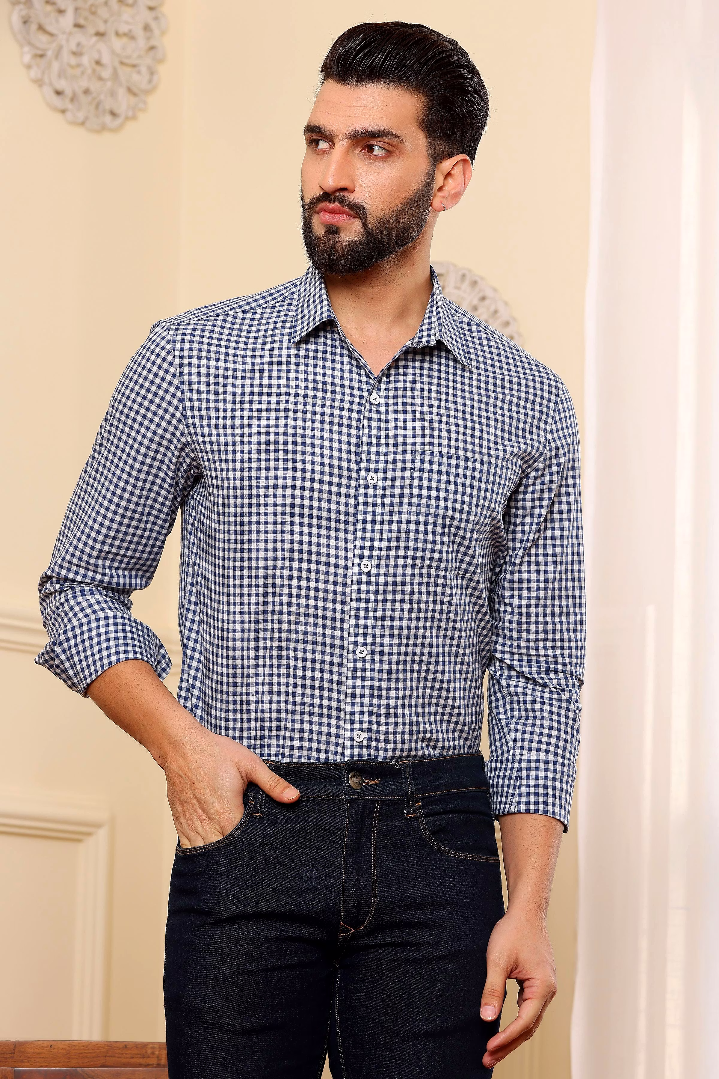 Best Men Oxford Shirt Blue Checkered Cotton (Size - S) by BLUE EAGLE 2025 at ShopCircuit | ONDC