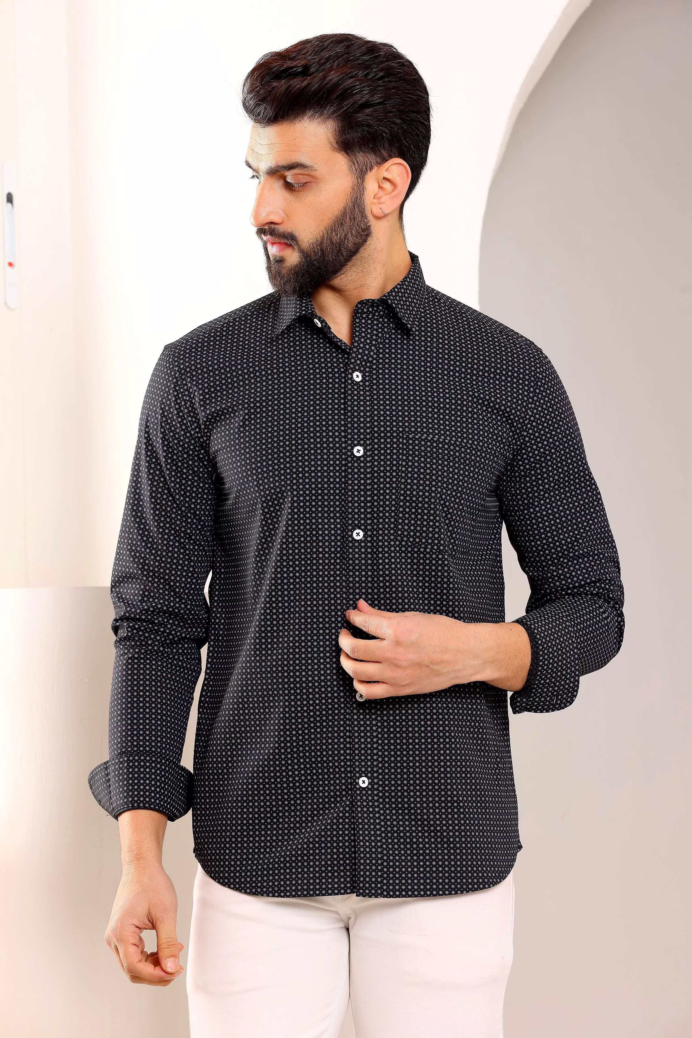 Exclusive Men Medallion Print Black Cotton Shirt (Size - S) by BLUE EAGLE 2025 at ShopCircuit | 