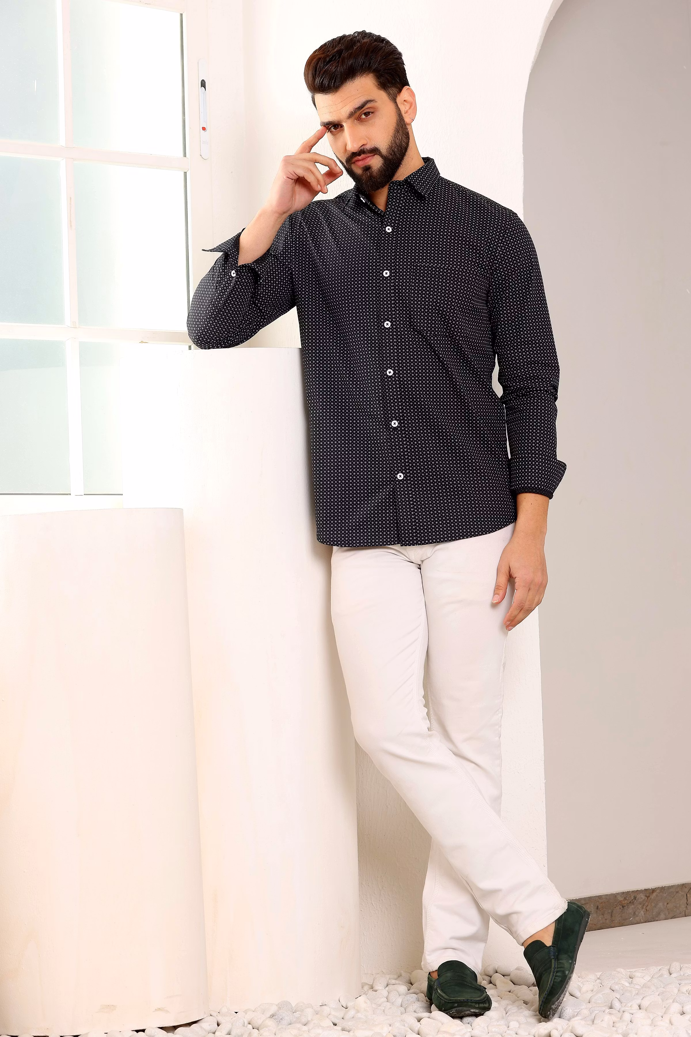 Exclusive Men Medallion Print Black Cotton Shirt (Size - S) by BLUE EAGLE 2025 at ShopCircuit | 